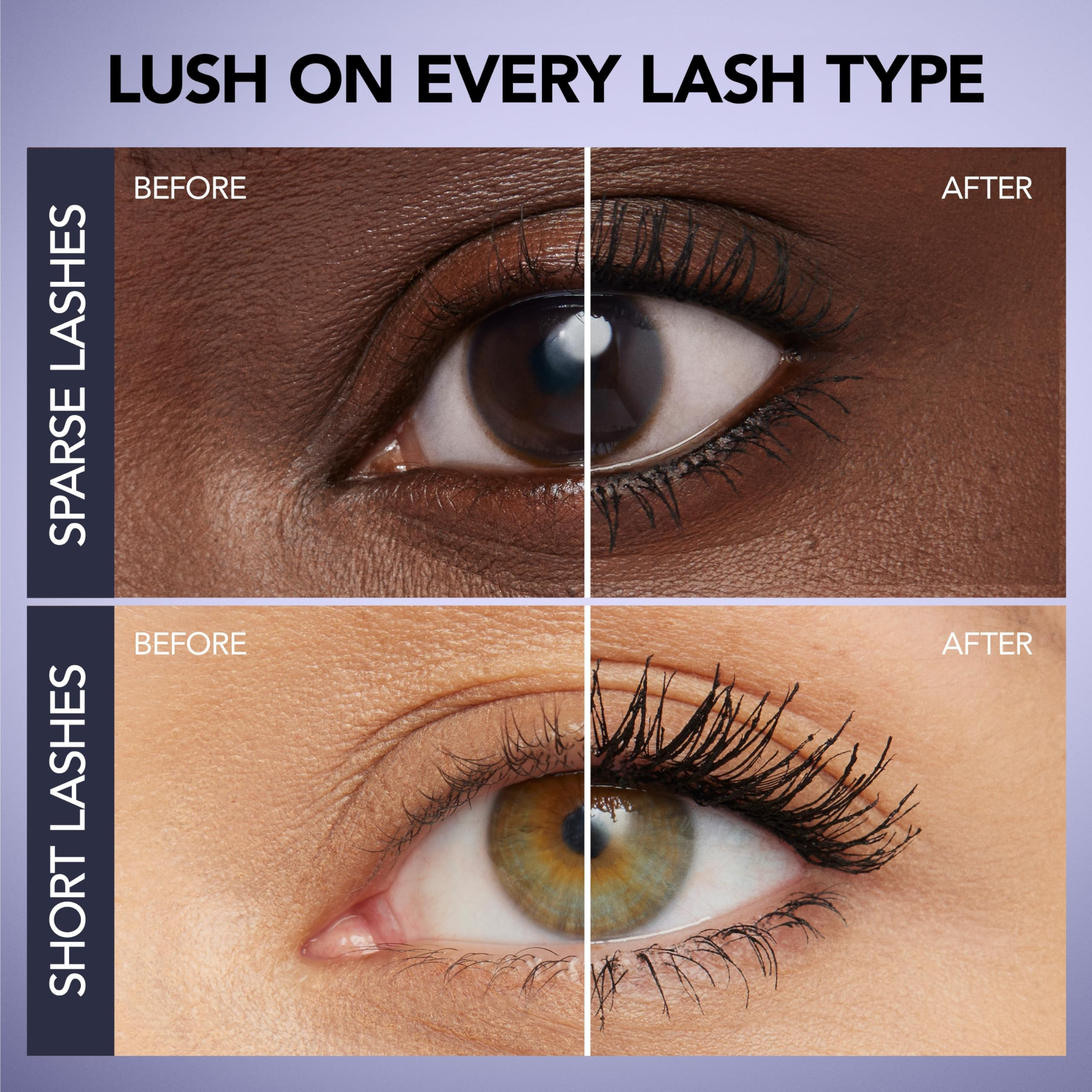 Before and after comparison of lash extensions on sparse and short lashes with text 'Lush on every lash type'. Monza fashion outlet, monza outlet, shein outlet, shien outlet cosmetics, makeup, perfume