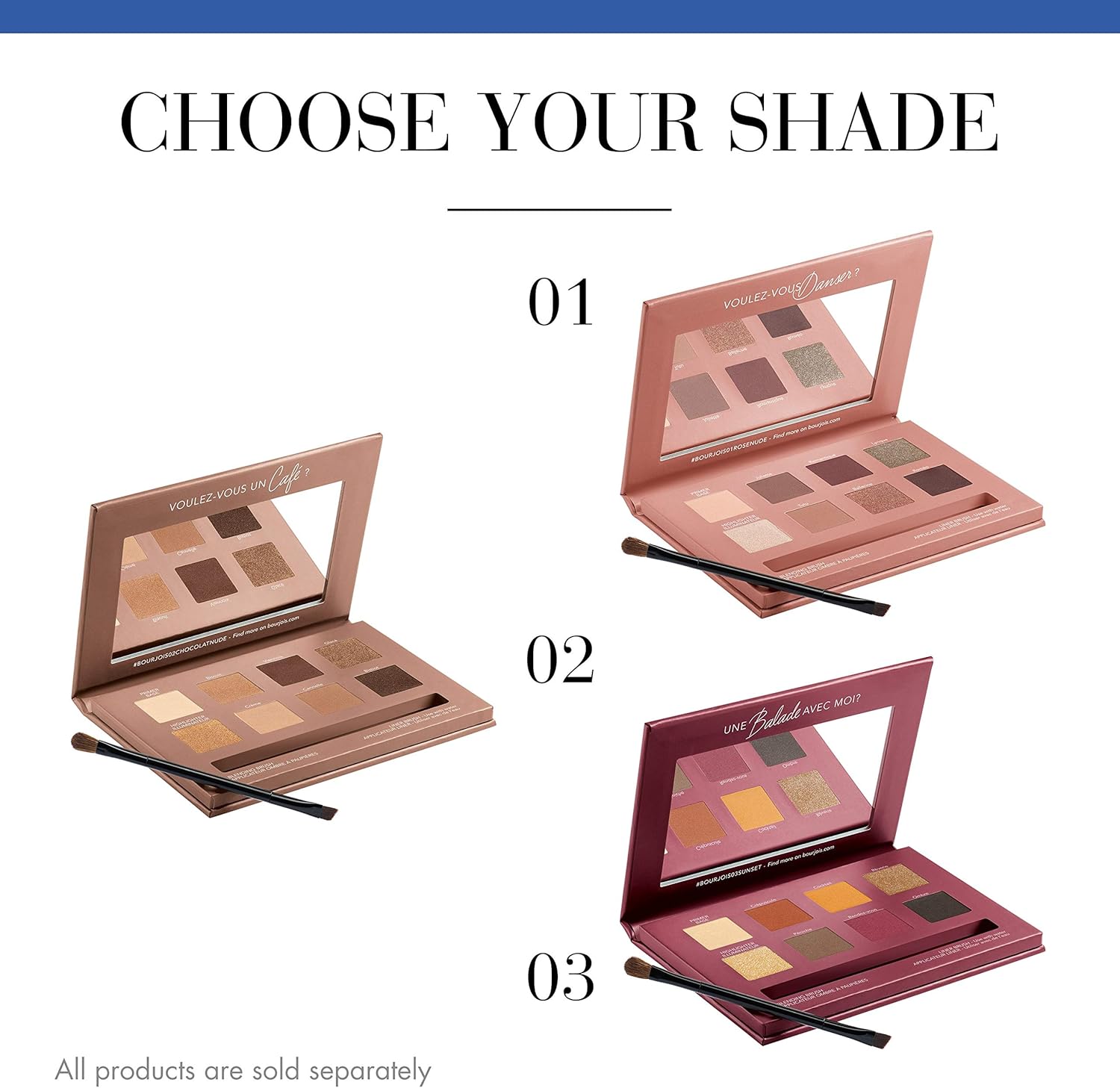 Three makeup palettes with shades and brushes, labeled '01', '02', and '03', on a white background. Monza outlet, monza fashion, shein outlet, shien outlet