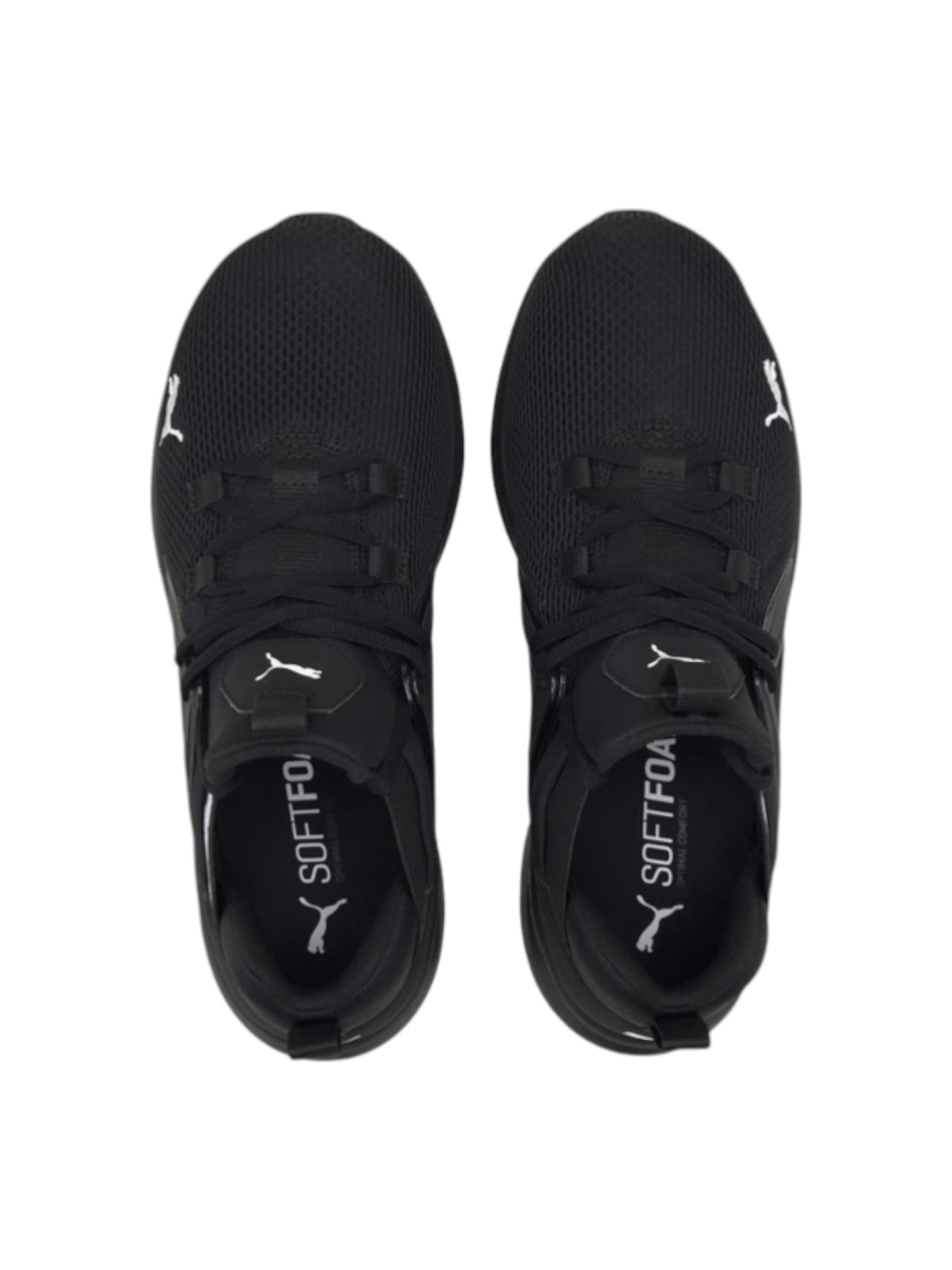 Black athletic shoes with visible branding on a white background. Puma, Monza Outlet, Monza Fashion, Shein Outlet