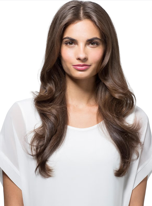 Woman with long, wavy brown hair wearing a white top on a white background T3 Monza Outlet