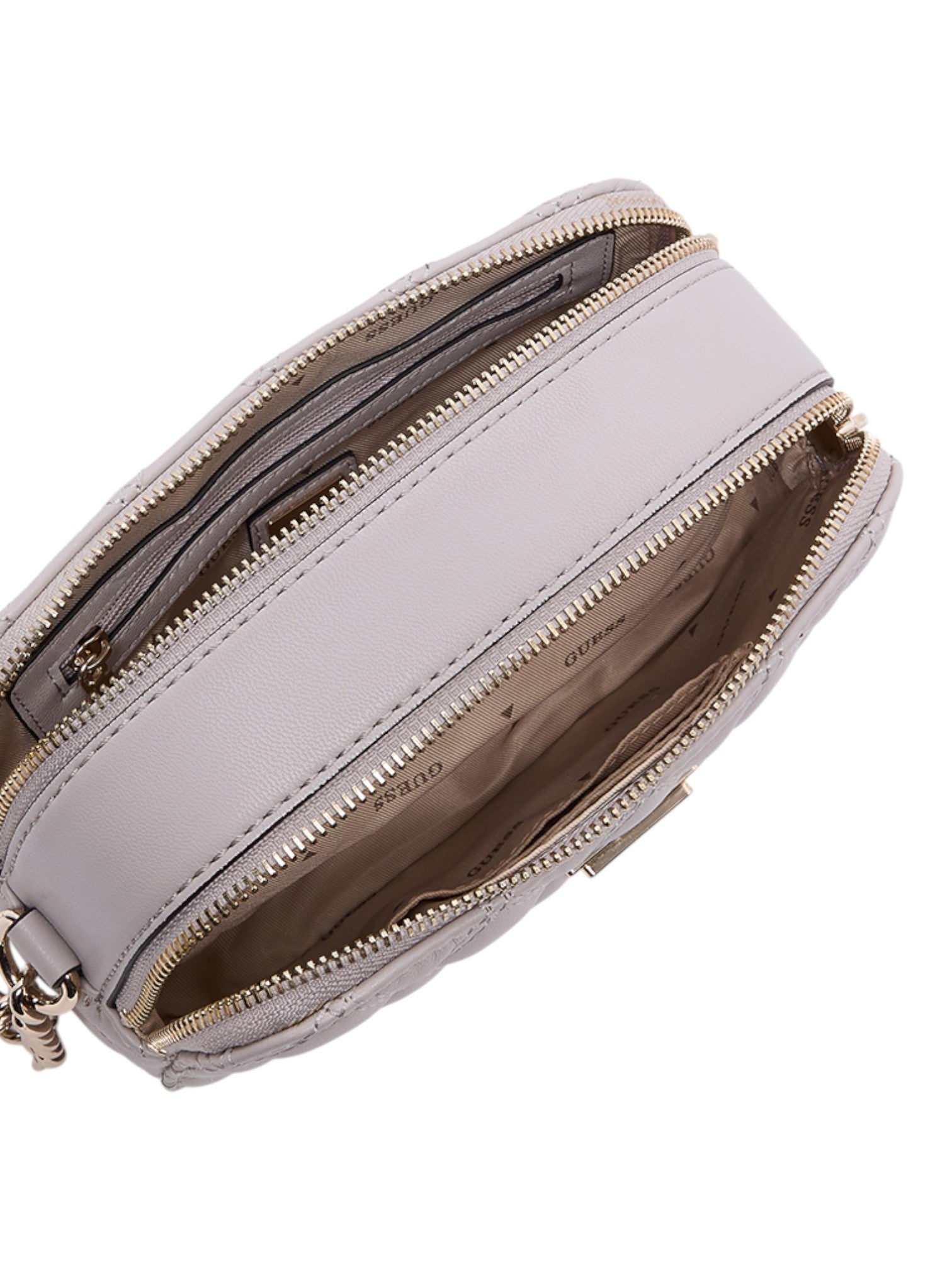 Light gray handbag with gold zipper on a white background. Guess, Monza Outlet, Monza Fashion, Shein Outlet