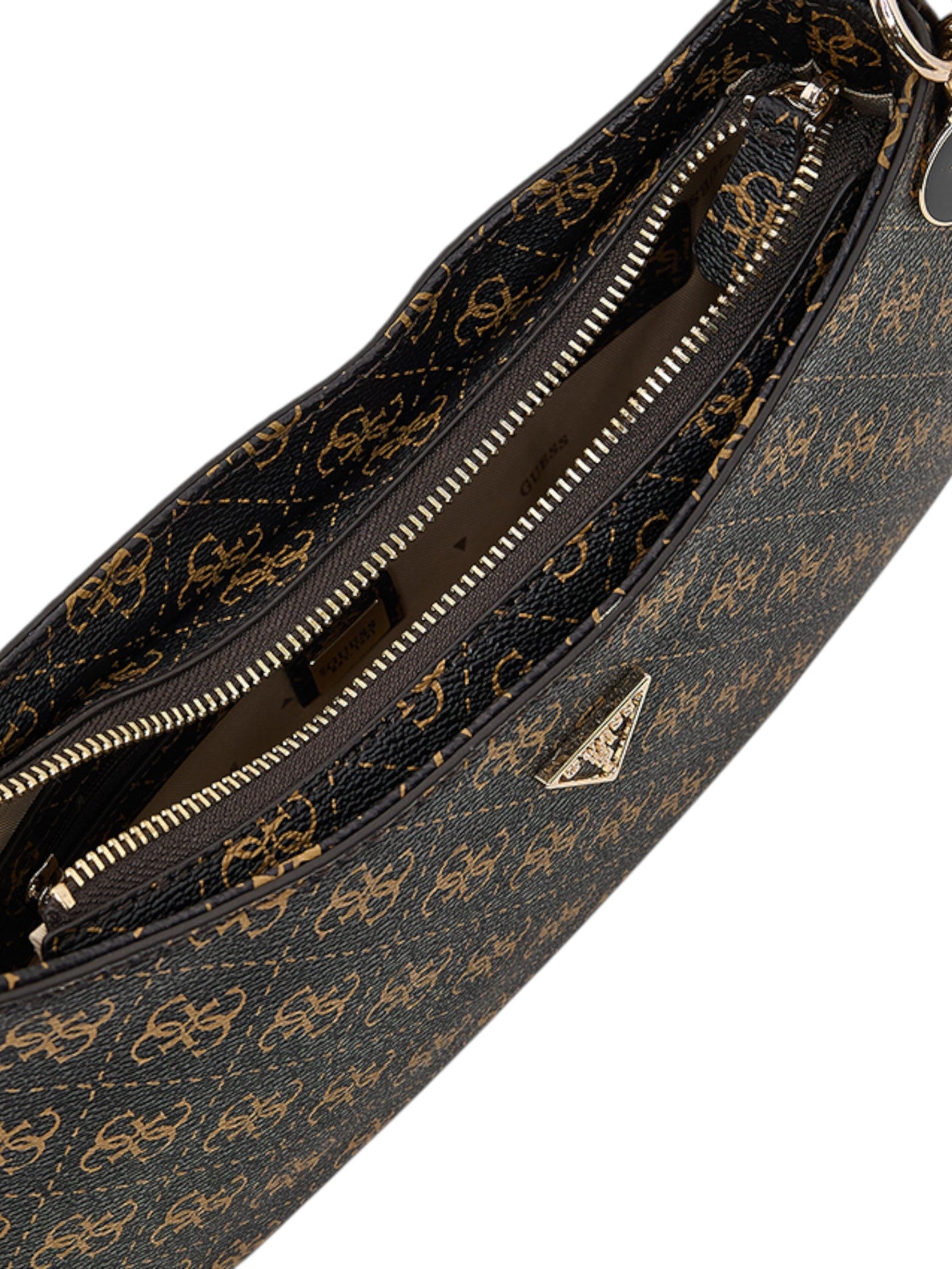 Close-up of a black handbag with gold pattern and Prada logo. Guess, Monza Outlet, Monza Fashion, Shein Outlet
