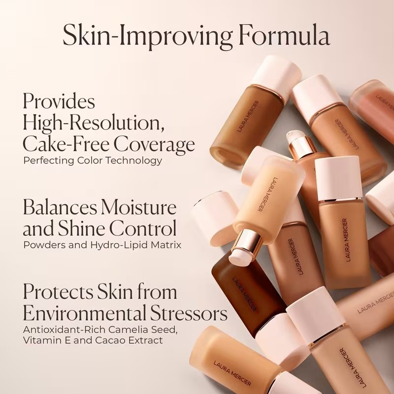 Collection of Laura Mercier makeup products with text highlighting features on a light background Laura Mercier Monza Outlet