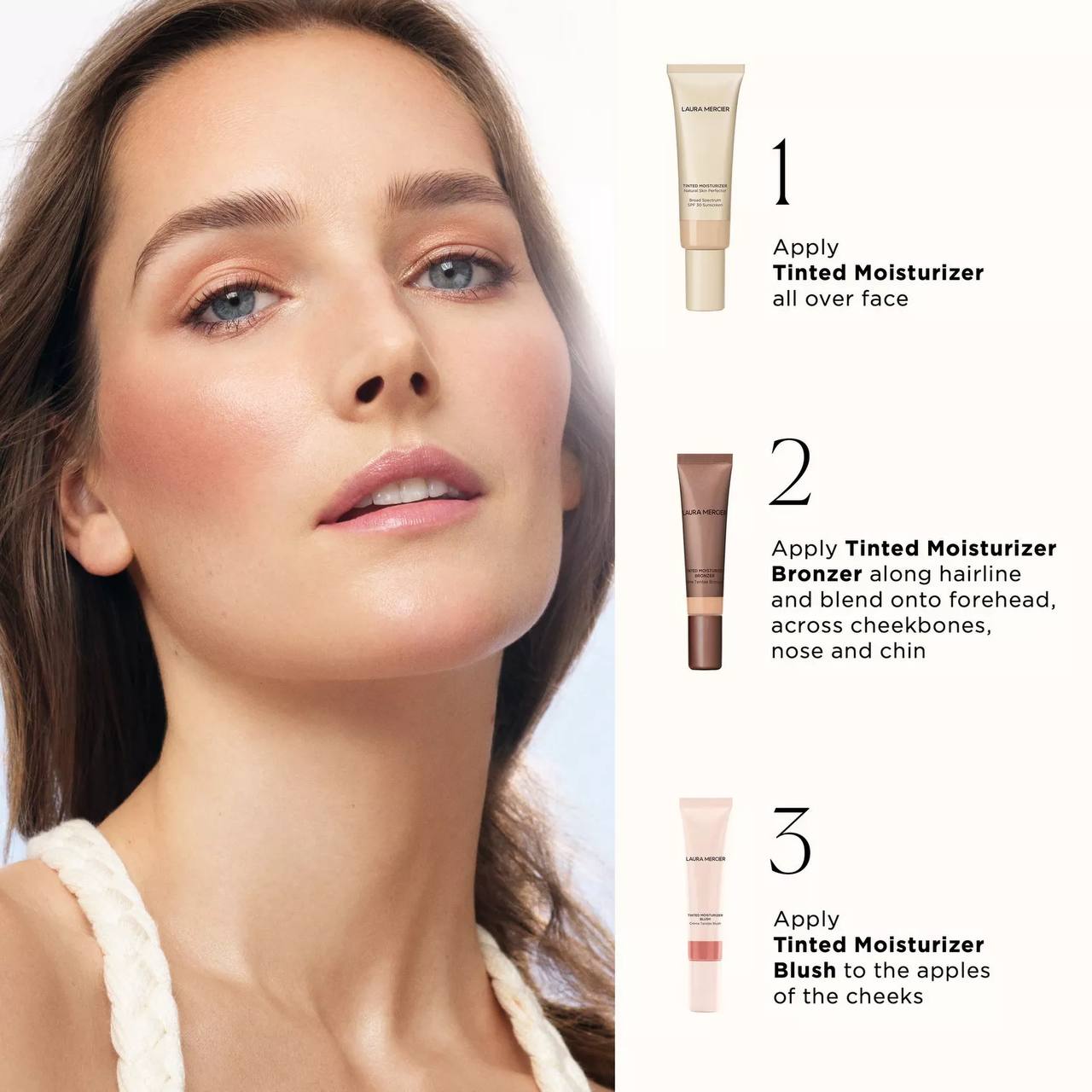 Woman applying tinted moisturizer with product application steps on a white background Monza fashion outlet, monza outlet, shein outlet, shien outlet cosmetics, makeup, perfume