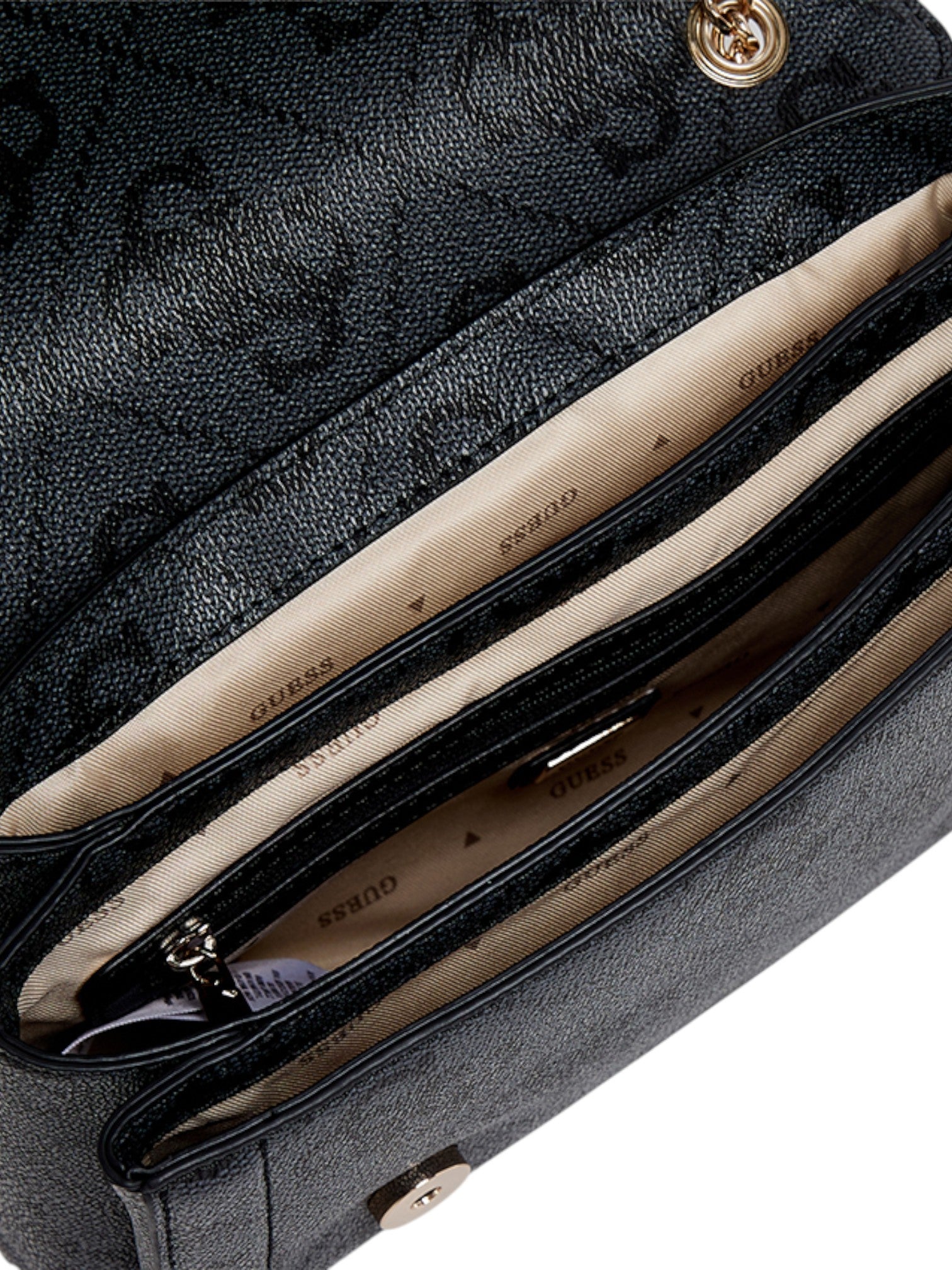 Black handbag with gold hardware and visible brand logo on a white background. Guess, Monza Outlet, Monza Fashion, Shein Outlet