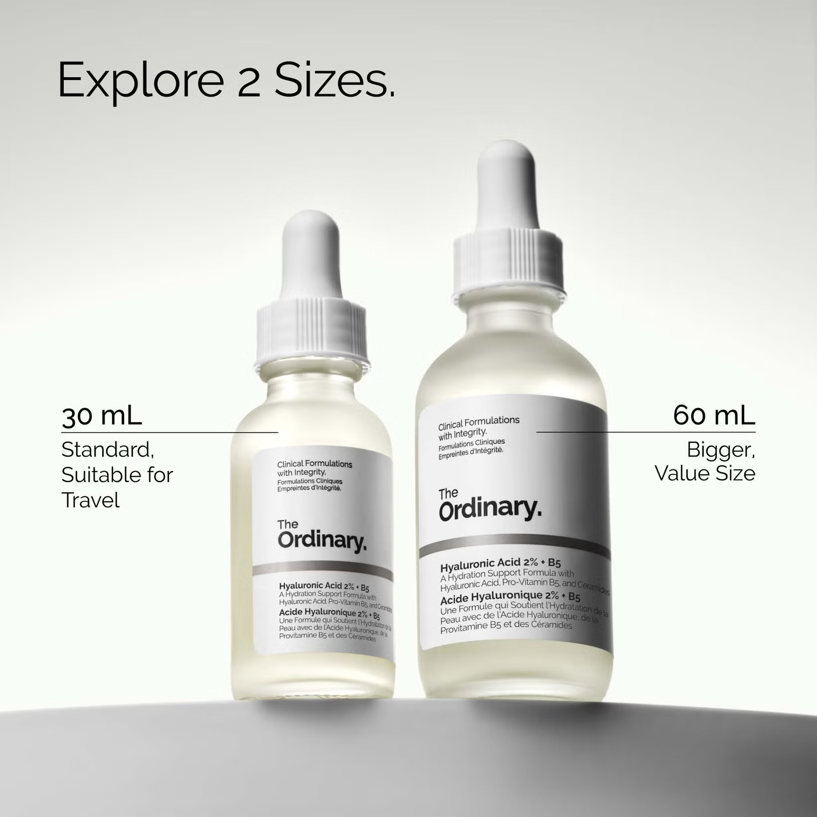 Two bottles of The Ordinary skincare serum, one 30 mL and one 60 mL, on a light gray background. Monza Outlet