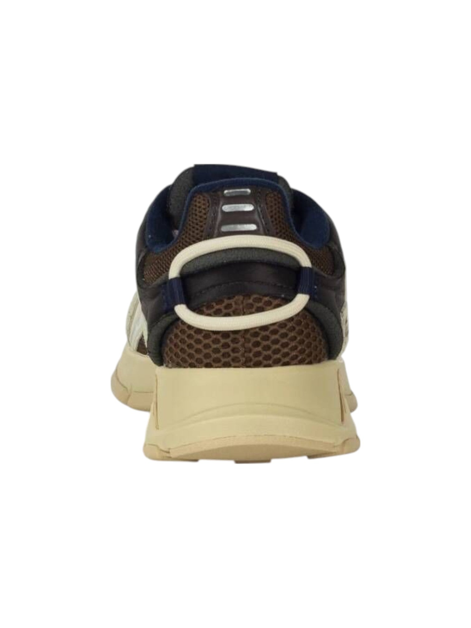 Back view of a brown and navy athletic shoe on a white background Lacoste Monza Outlet