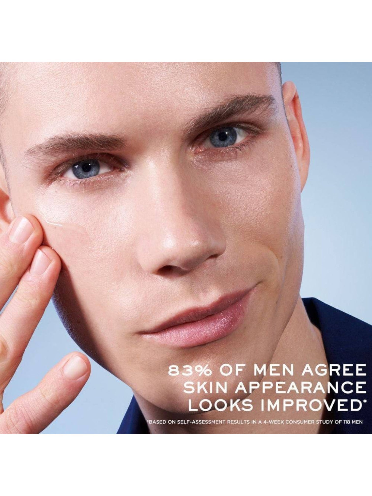 Man applying cream to his face with a statistic about skin appearance improvement. Lancome, Monza Outlet, Monza Fashion, Shein Outlet