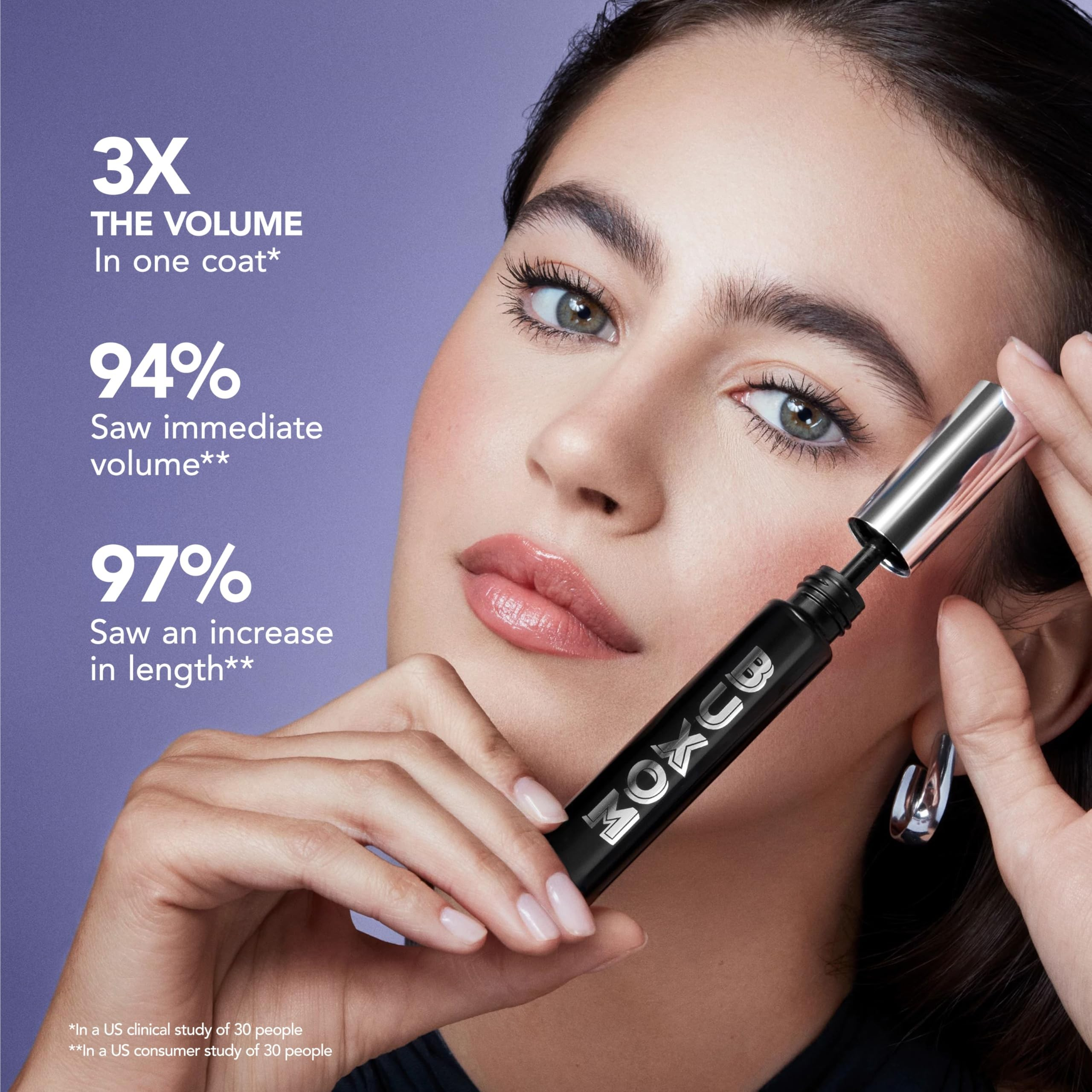 Woman applying mascara with a purple background and product details. Monza fashion outlet, monza outlet, shein outlet, shien outlet cosmetics, makeup, perfume