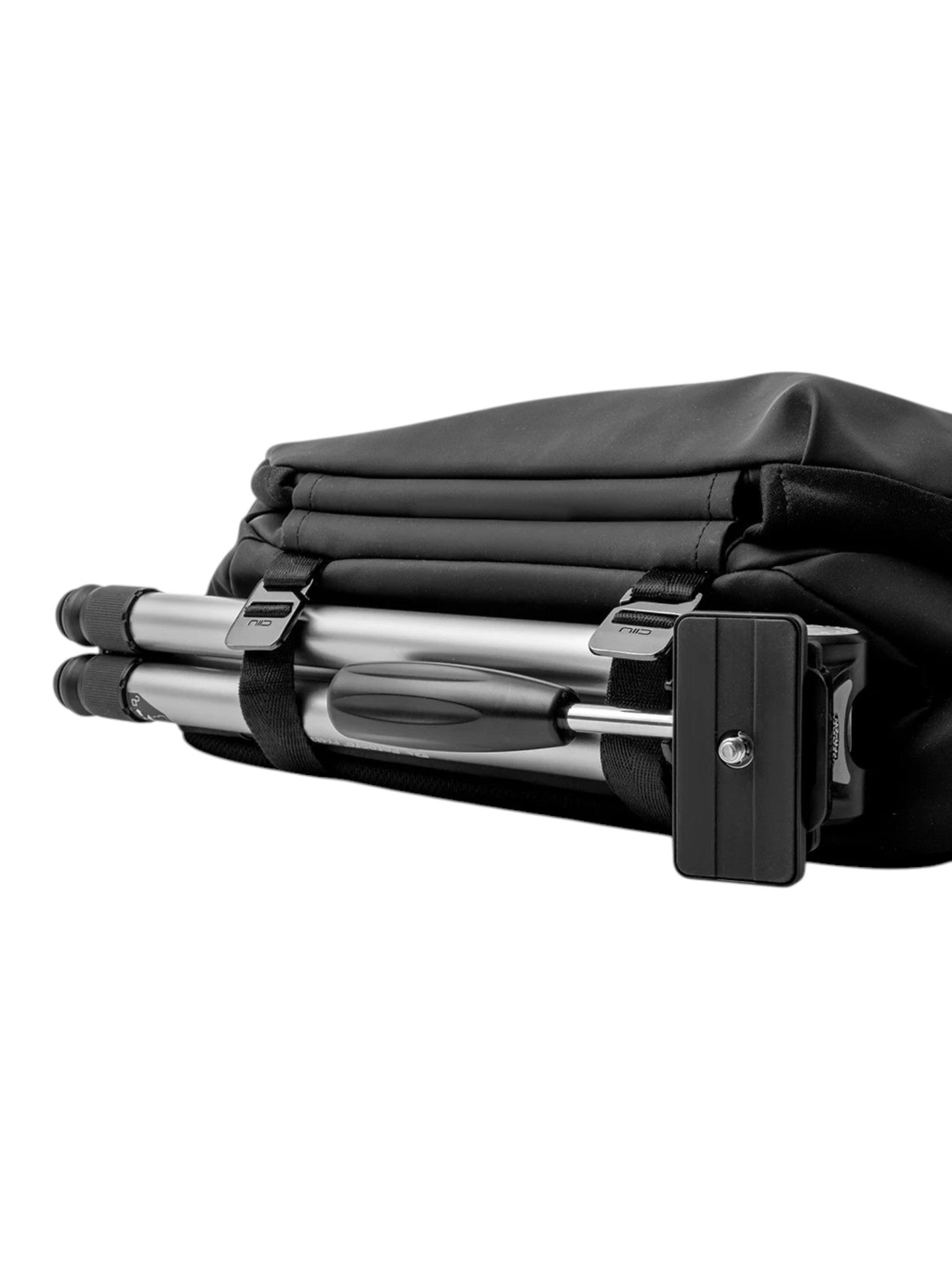 A black soft carrying case with a silver and black tripod strapped onto the front, photographed on a clean white background. NIIDR, Monza Outlet, Monza Fashion, Shein Outlet