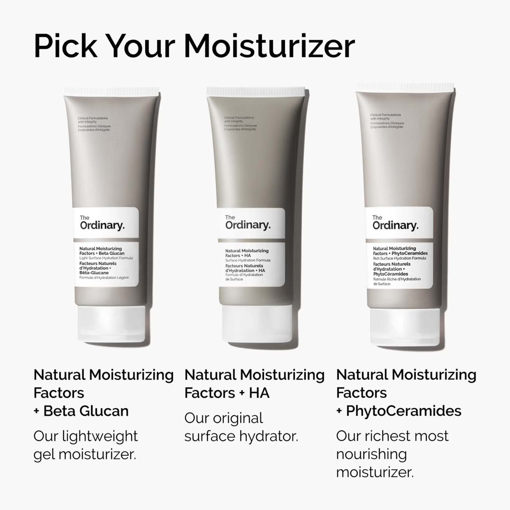 Three tubes of The Ordinary moisturizers with labels on a white background. Monza Outlet
