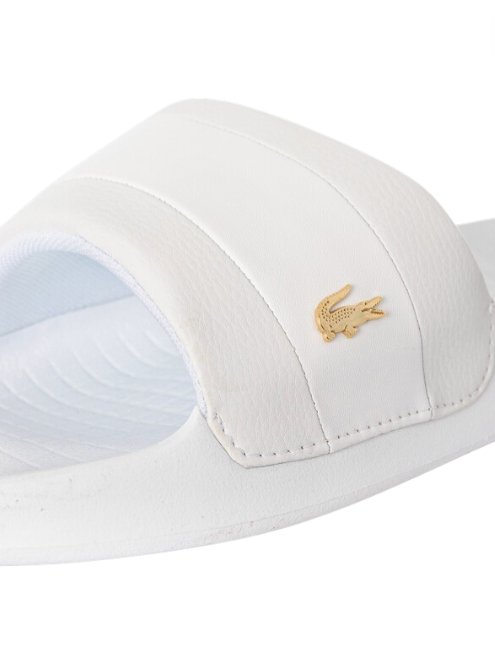 White sandal with a gold logo on a white background monza outlet, Shein outlet, monza fashion