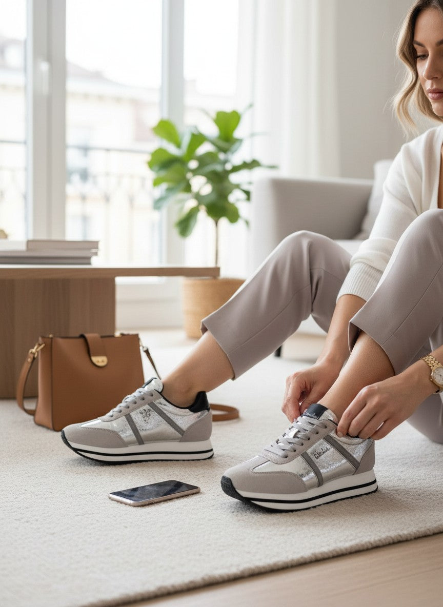 Woman tying her sneakers in a bright living room. United Colors of Benetton, Monza Outlet, Monza Fashion, Shein Outlet
