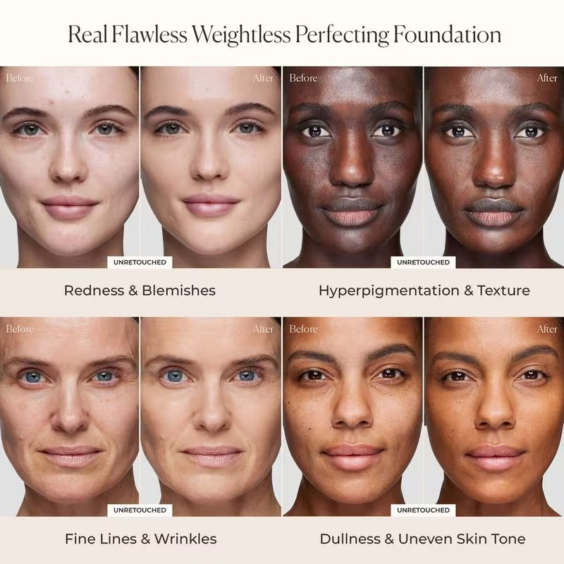 Before and after comparison of a foundation's effect on various skin conditions. Monza fashion outlet, monza outlet, shein outlet, shien outlet cosmetics, makeup, perfume