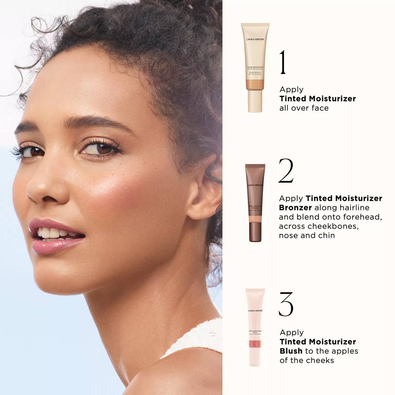 Woman applying tinted moisturizer with product illustrations and instructions. Monza fashion outlet, monza outlet, shein outlet, shien outlet cosmetics, makeup, perfume