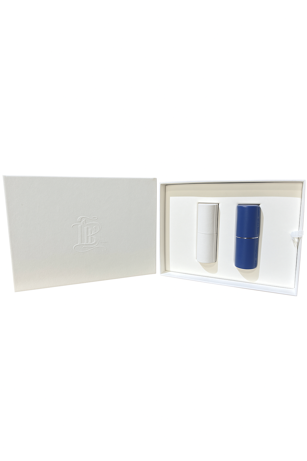 White cosmetic case with a blue item inside on a white background