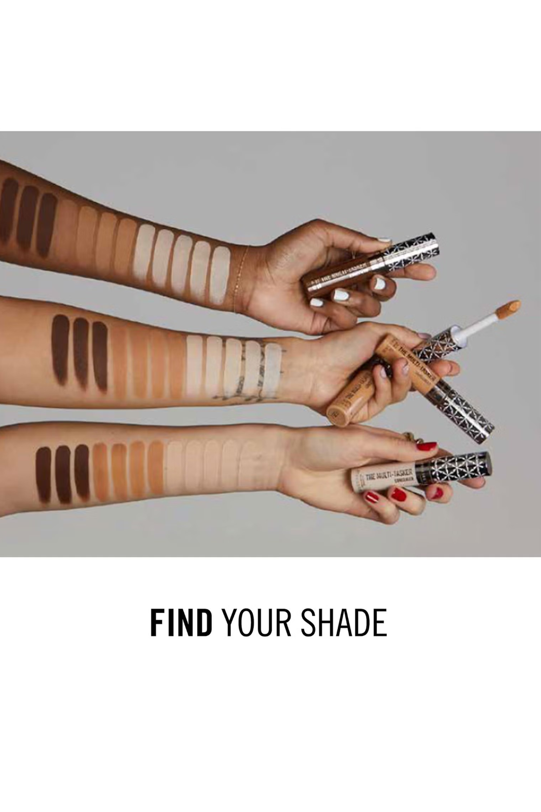 Hands holding makeup products with color swatches on a gray background, featuring the text 'Find Your Shade'. Monza fashion outlet, monza outlet, shein outlet, shien outlet cosmetics, makeup, perfume