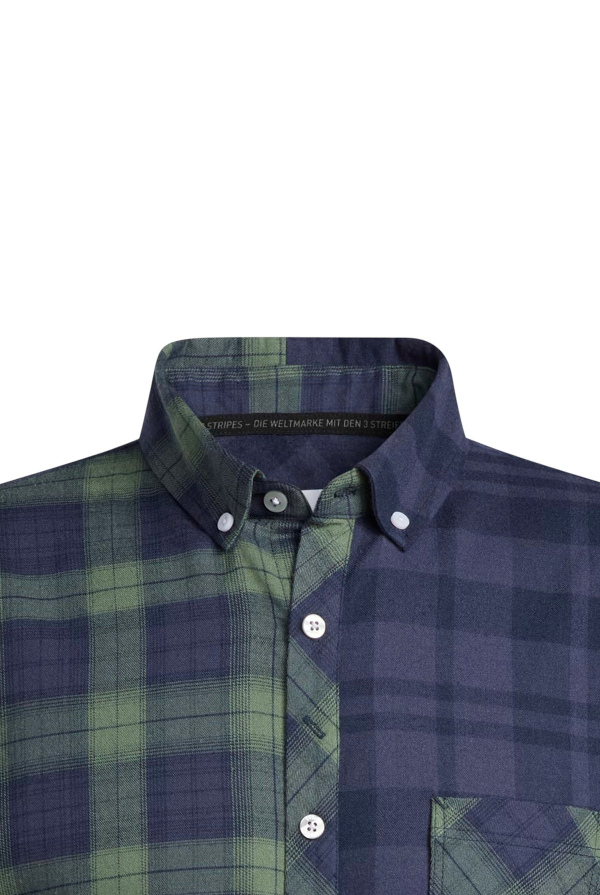 Close up of a men's button down shirt with a split plaid design, featuring a green and navy plaid left side and a solid navy right side, on a white background. Adidas, Monza Outlet, Monza Fashion, Shein Outlet