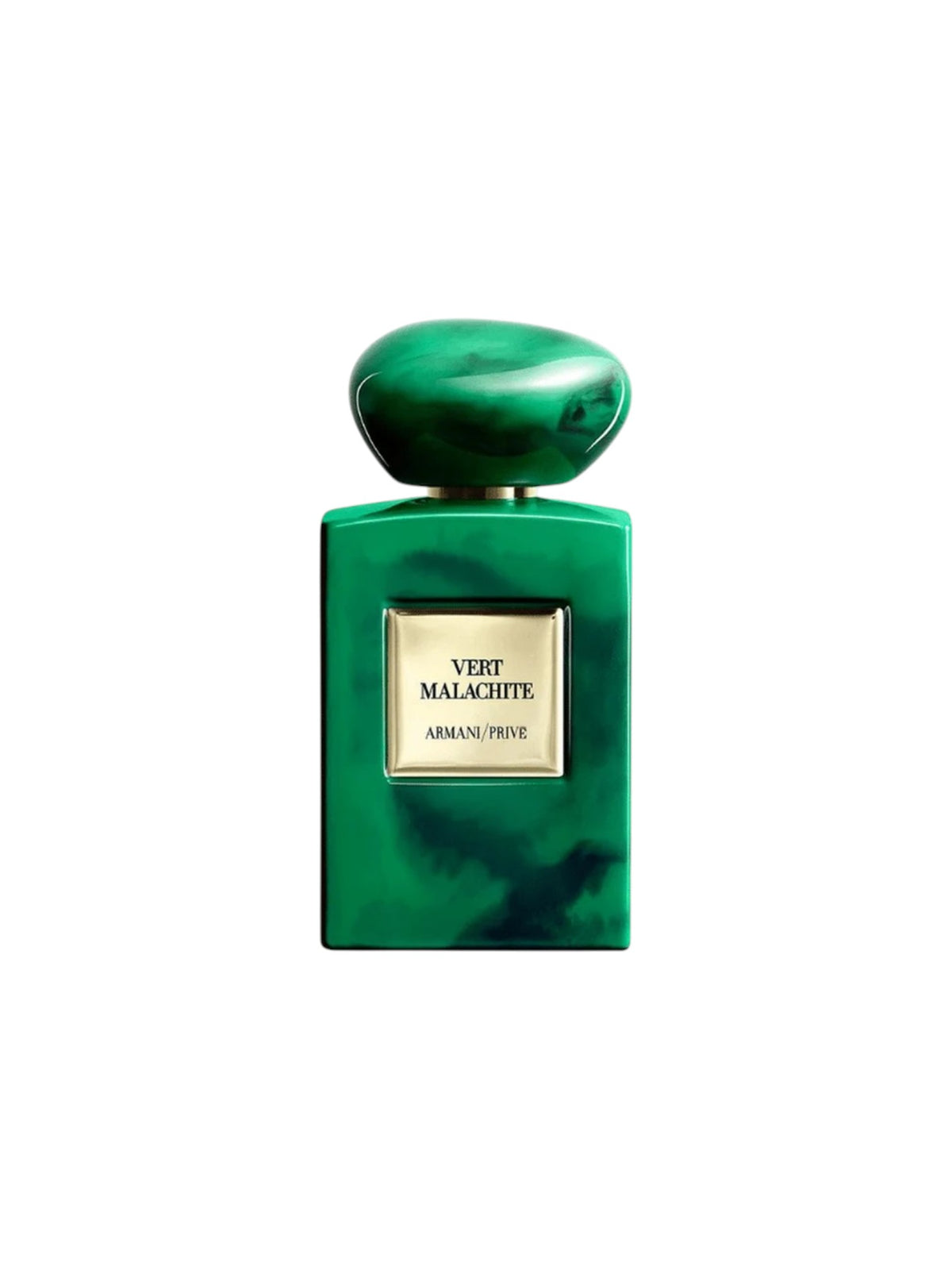 Armani Privé Vert Malachite perfume bottle in a glossy emerald green glass with a polished green marble-look cap and a gold label. Armani, Monza Outlet, Monza Fashion, Shein Outlet