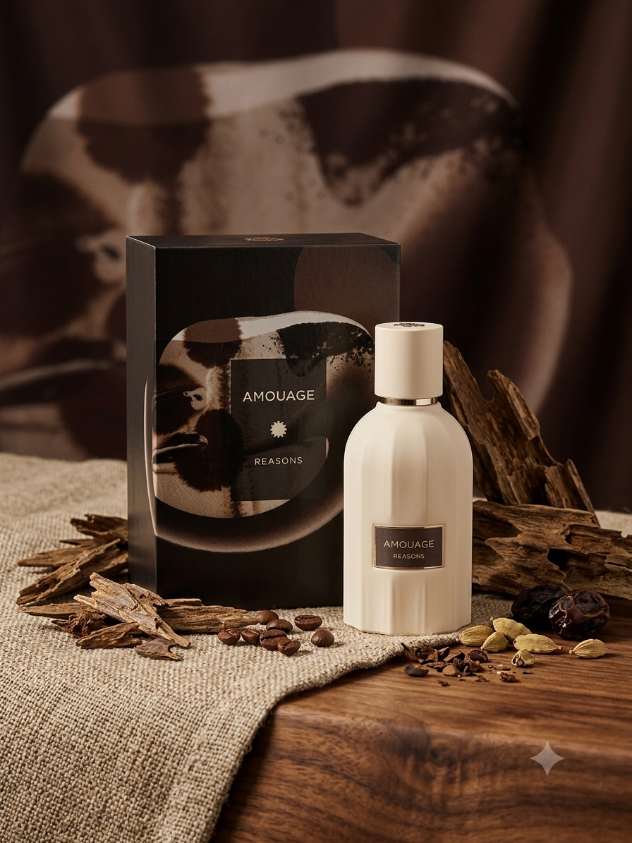 Amouage perfume bottle and packaging on a rustic wooden surface with dried leaves and coffee beans. Amouage, Monza Outlet, Monza Fashion, Shein Outlet