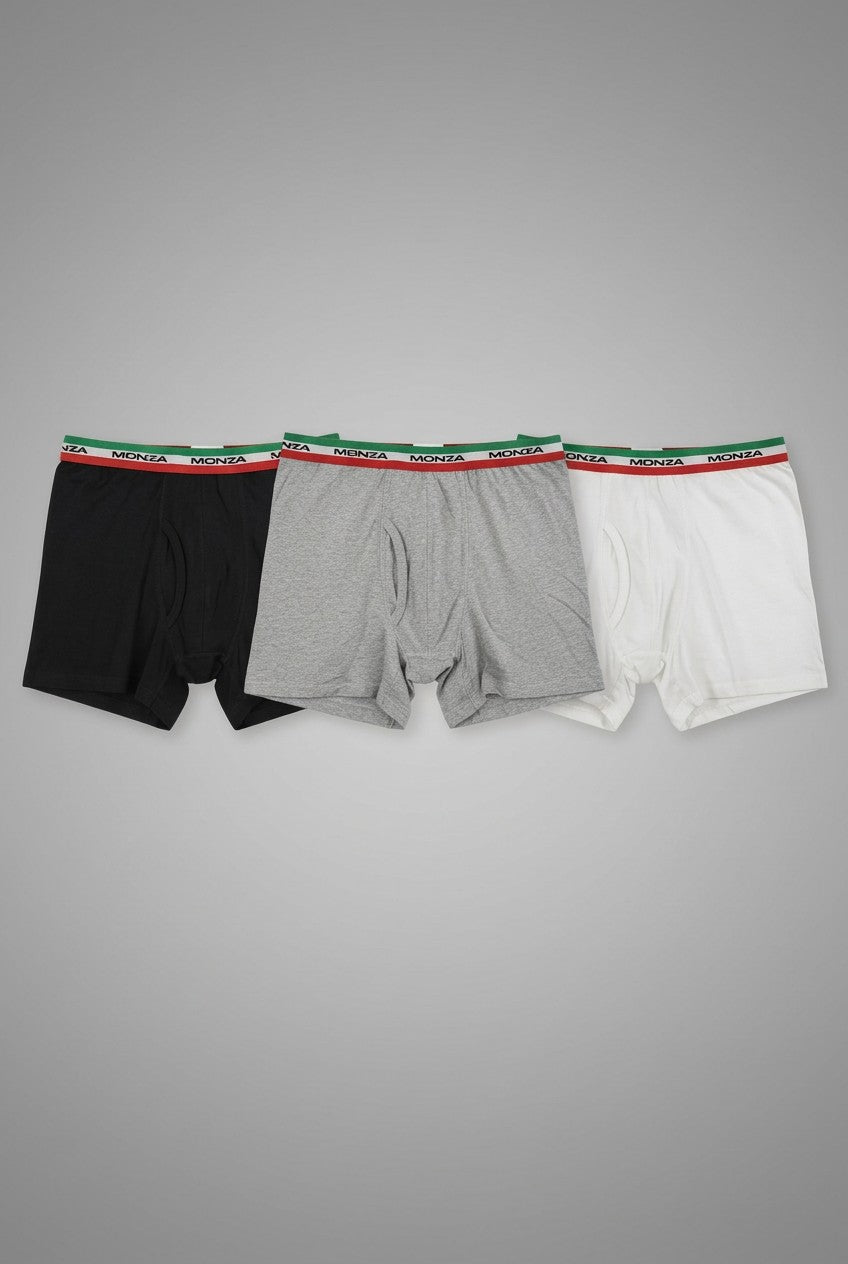 Three pairs of mens boxer briefs laid flat on a gray background one black, one heather gray, and one white. Each pair has a green, red, and white waistband with the brand name printed across it. Monza Italy, Monza Outlet, Monza Fashion, Shein Outlet