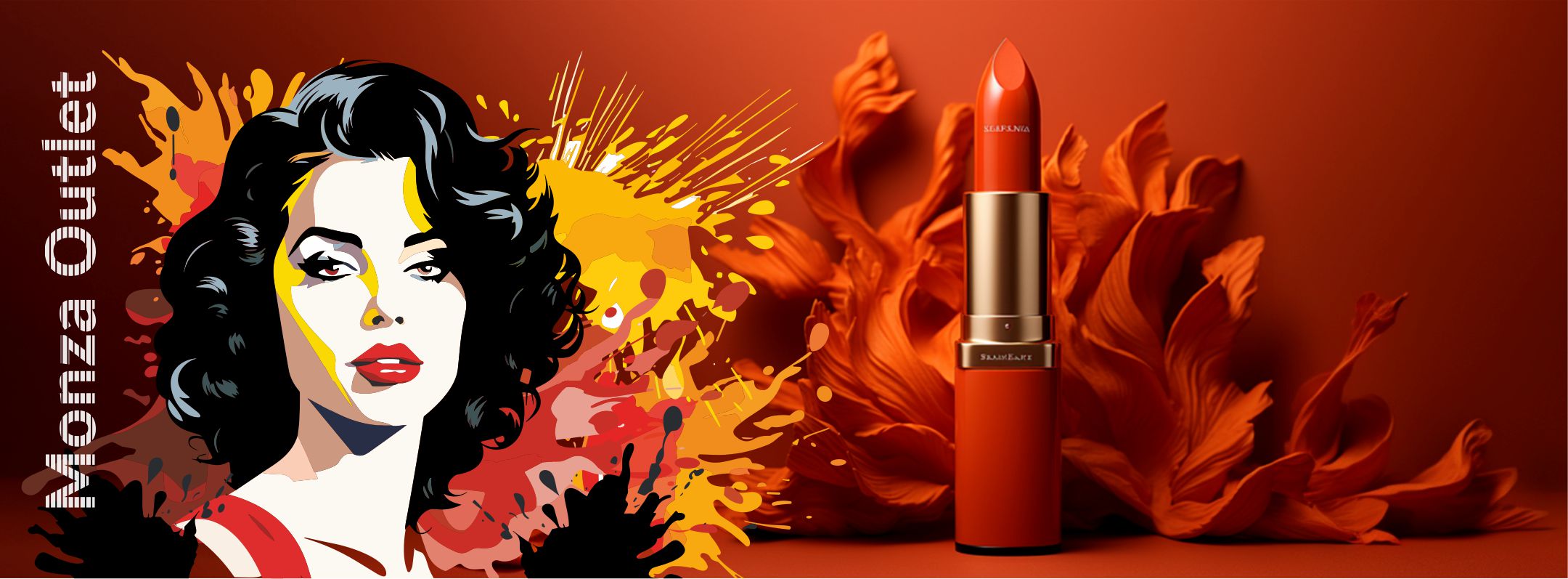 Red lipstick with a stylized woman's face and abstract design on an orange background, featuring Monza Outlet branding. Monza Outlet, Monza Fashion, Shein Outlet