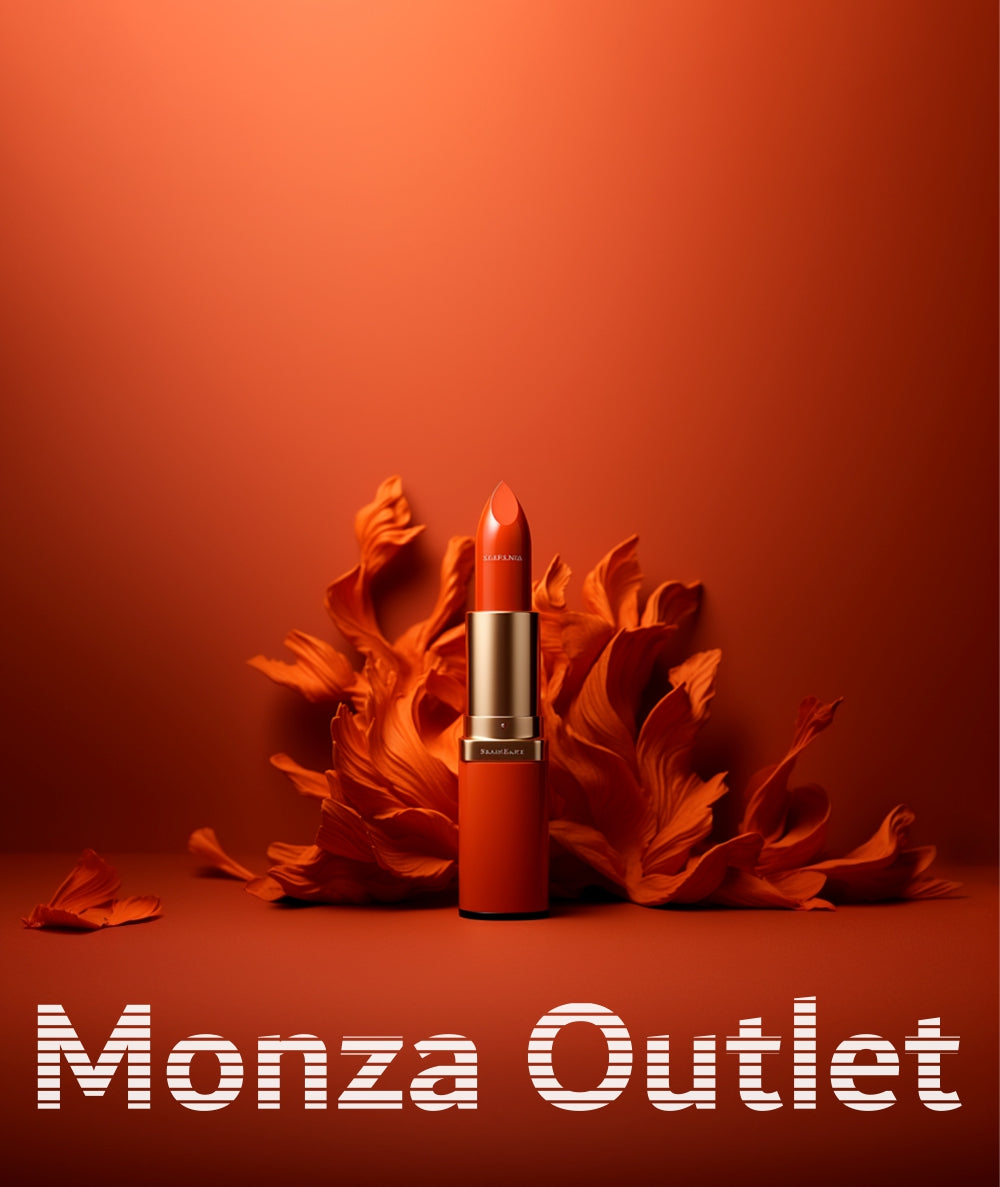 Red lipstick with orange leaves on a red background, featuring Monza Outlet text. Monza Outlet, Monza Fashion, Shein Outlet