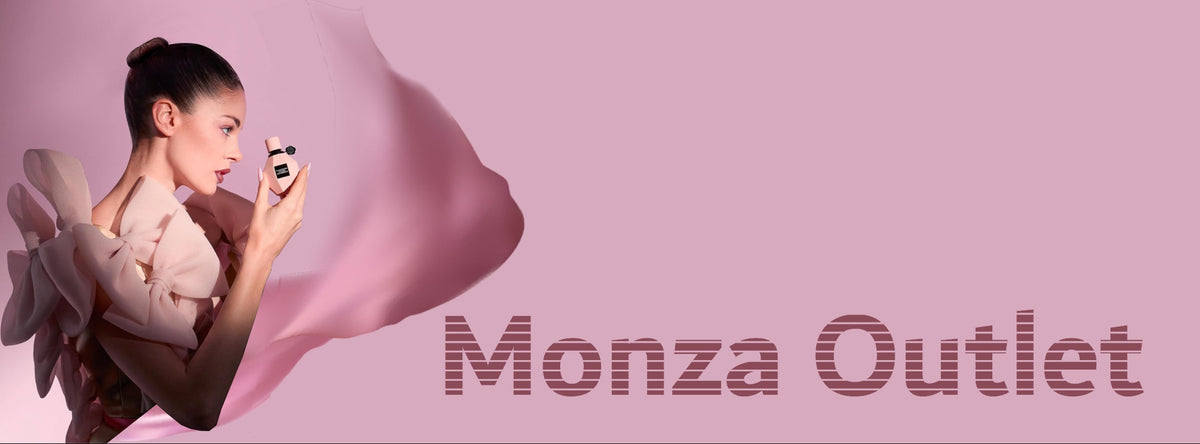 Woman holding a perfume bottle with 'Monza Outlet' text on a pink background. Monza Outlet, Monza Fashion, Shein Outlet