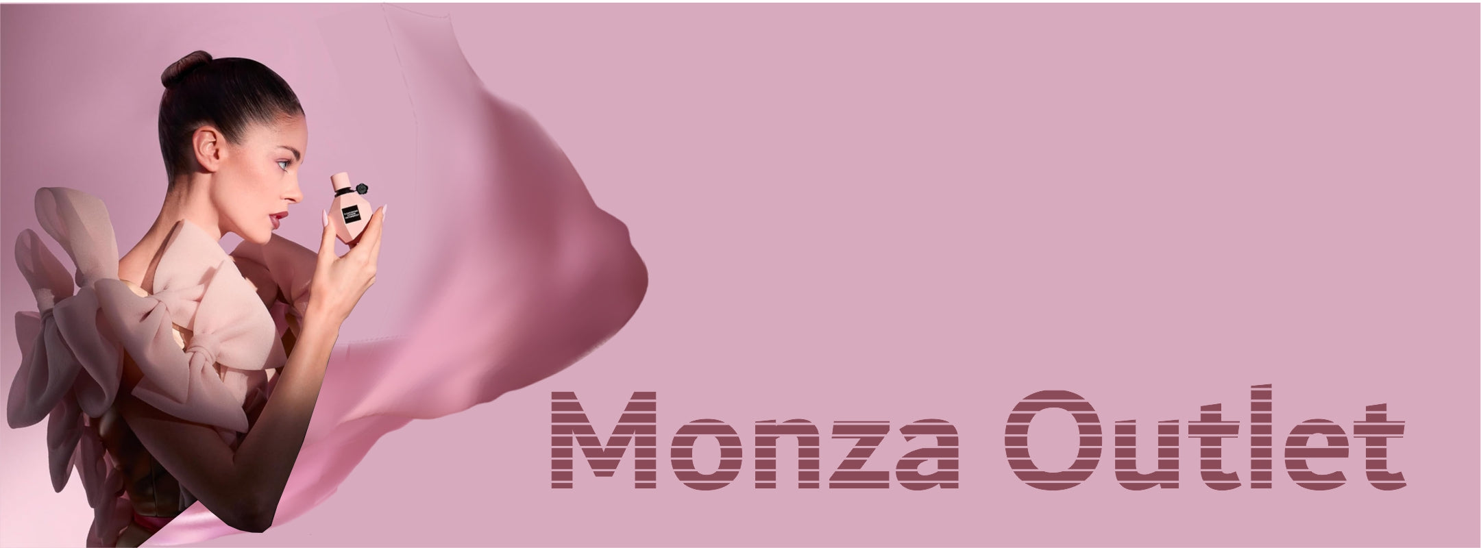 Woman holding a perfume bottle with 'Monza Outlet' text on a pink background. Monza Outlet, Monza Fashion, Shein Outlet