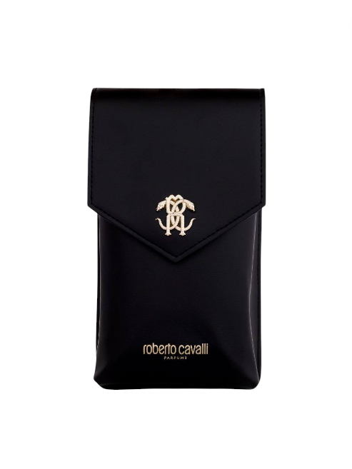 Black pouch with Roberto Cavalli logo on a white background monza outlet, Shein outlet, monza fashion