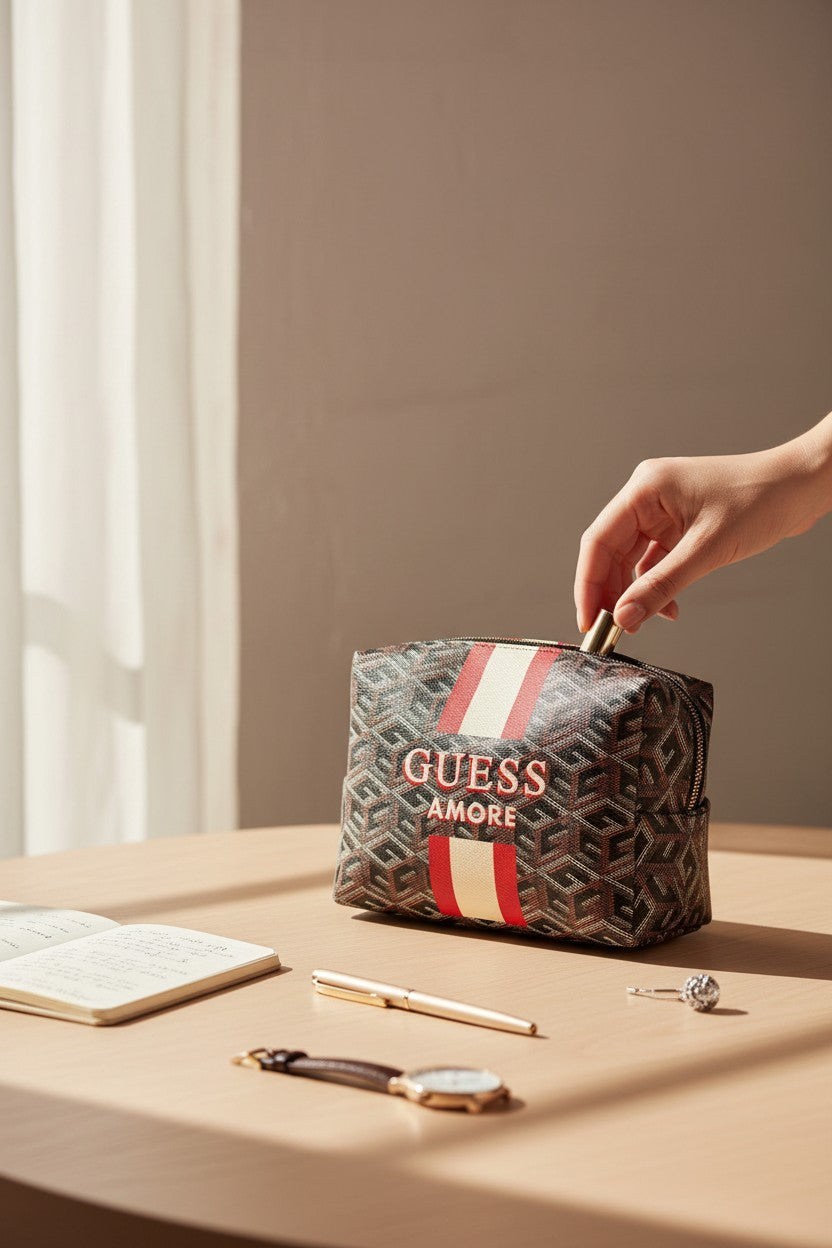 Hand holding a Guess Amore bag on a wooden surface with a neutral background. Guess, Monza Outlet, Monza Fashion, Shein Outlet