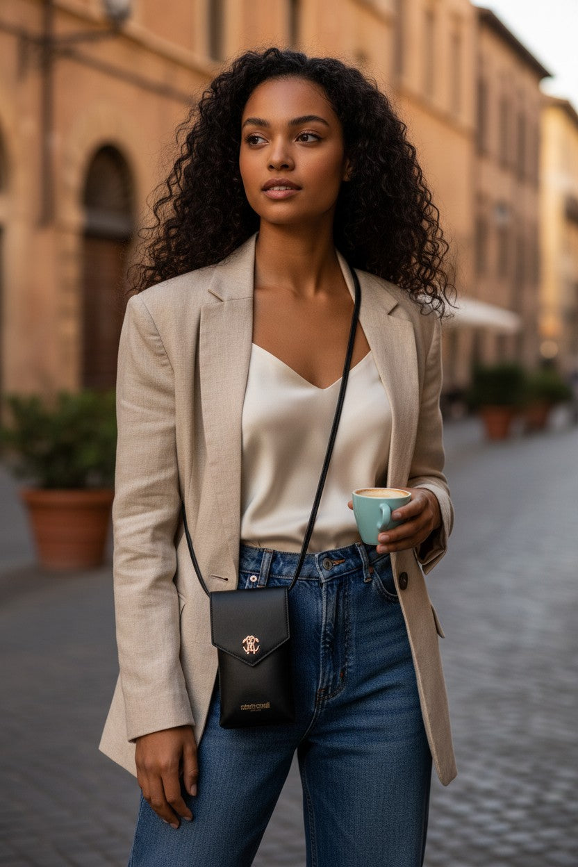 Woman in a beige blazer and blue jeans holding a coffee cup on a street. Roberto Cavalli, Monza Outlet, Monza Fashion, Shein Outlet