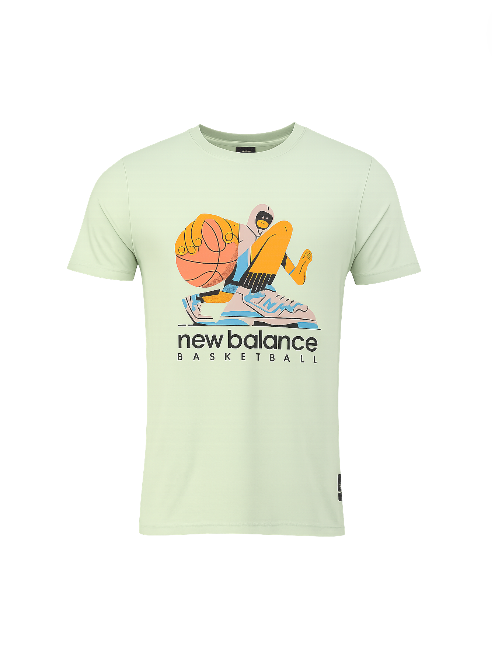 Light green t-shirt with basketball graphic and New Balance branding on a white background New Balance Monza Outlet