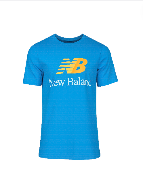 Blue New Balance t-shirt with yellow logo on a white background New Balance Monza Outlet