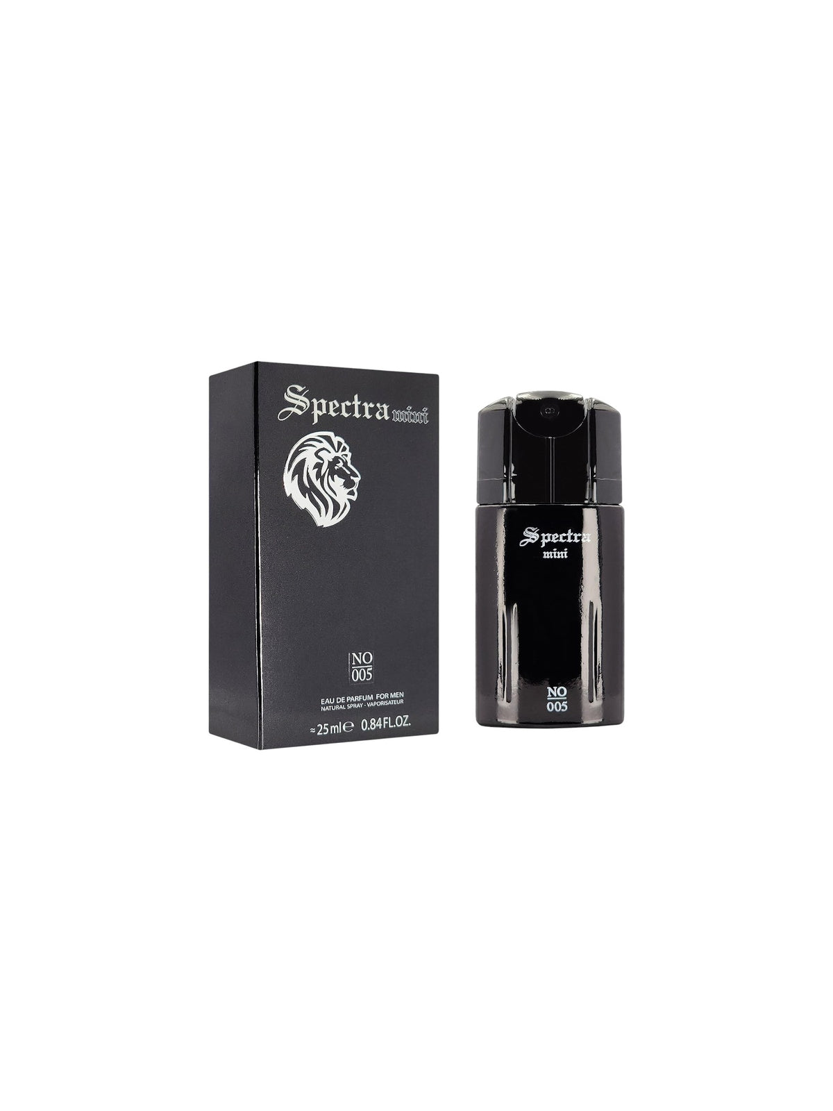 Spectra No. 005 cologne bottle and its black packaging box, featuring a silver lion logo and white branding text, set against a plain white background. Spectra Mini, Monza Outlet, Monza Fashion, Shein Outlet