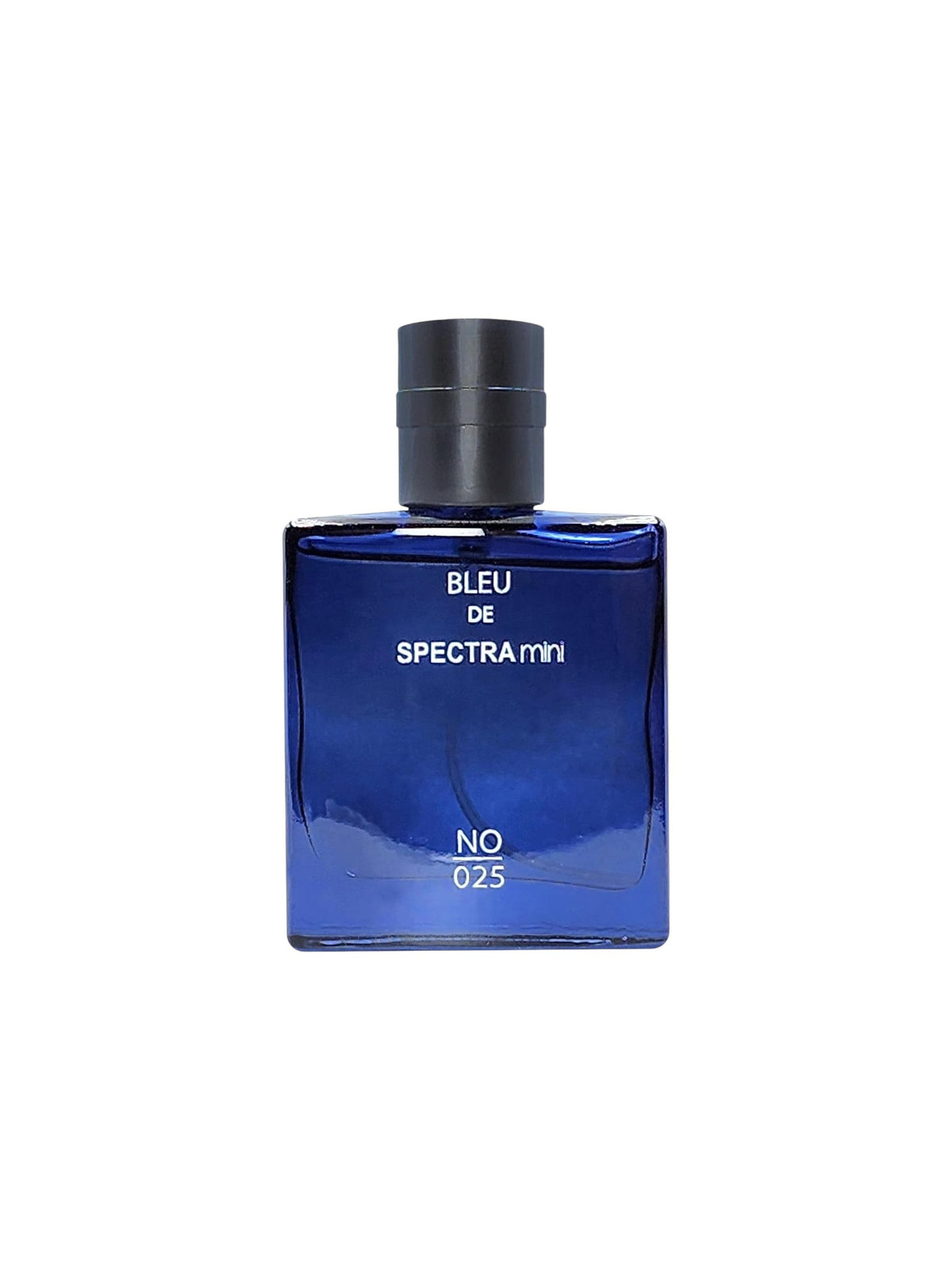A rectangular cobalt blue glass perfume bottle with a matte black cylindrical cap, featuring white text that reads BLEU DE SPECTRA mini and NO 025. Spectra Mini, Monza Outlet, Monza Fashion, Shein Outlet
