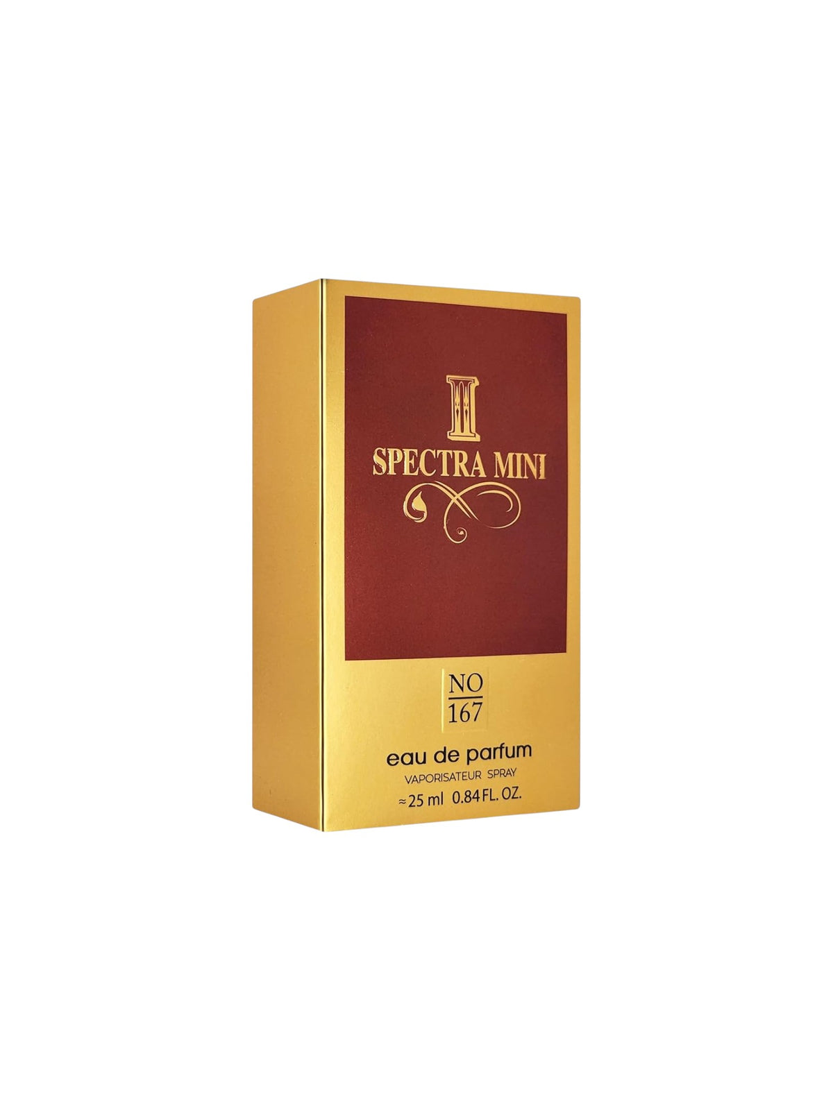 Spectra Mini No. 167 Eau de Parfum box, featuring a gold and deep red design, shown on a plain white background. Spectra Mini, Monza Outlet, Monza Fashion, Shein Outlet