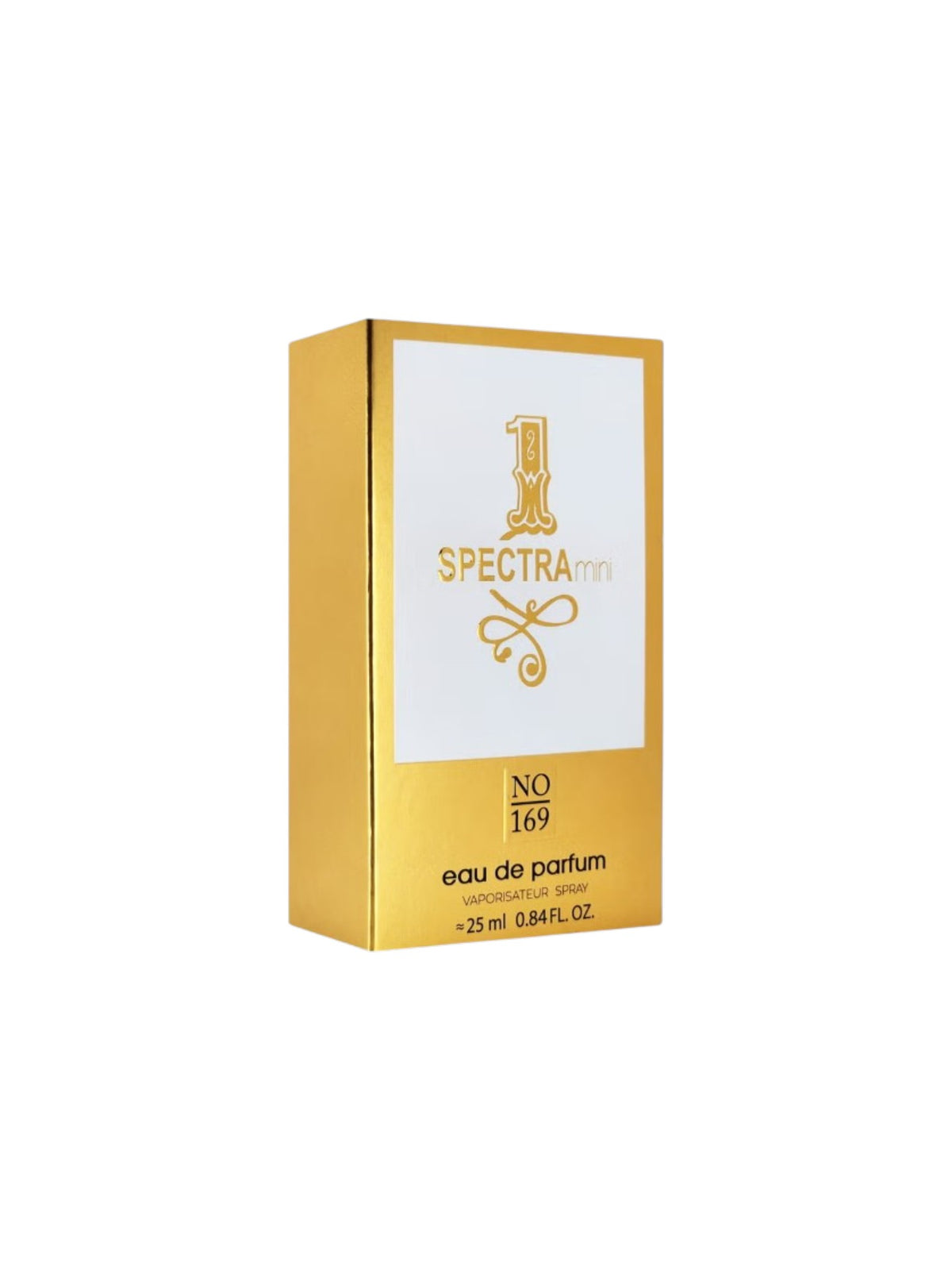 A rectangular gold and white box of Spectra Mini 1 No. 169 Eau de Parfum, photographed on a clean white background. Spectra Mini, Monza Outlet, Monza Fashion, Shein Outlet