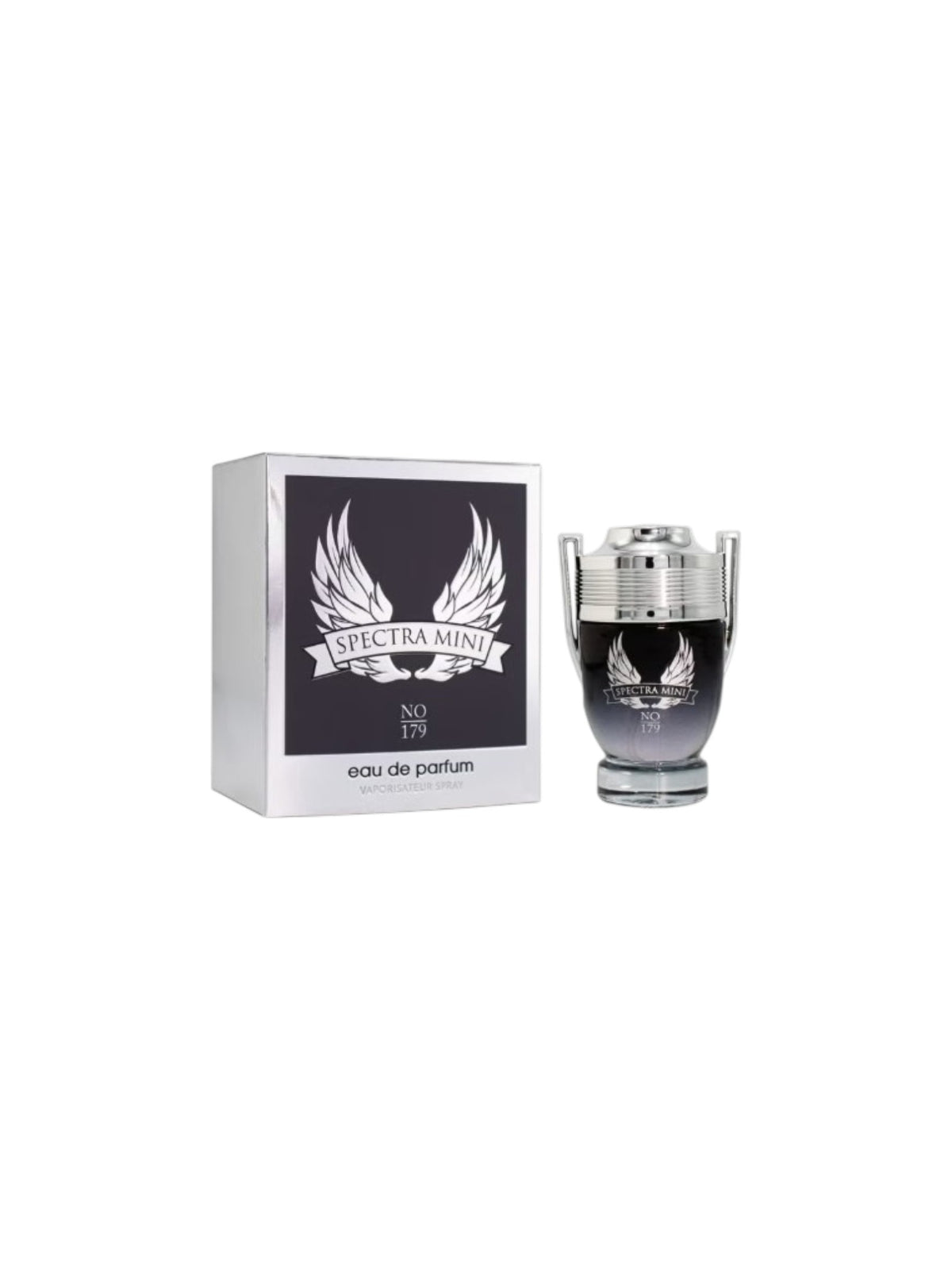 Spectra Mini No. 179 Eau de Parfum bottle and its packaging box, featuring a silver and black design with a winged logo, set against a plain white background. Spectra Mini, Monza Outlet, Monza Fashion, Shein Outlet