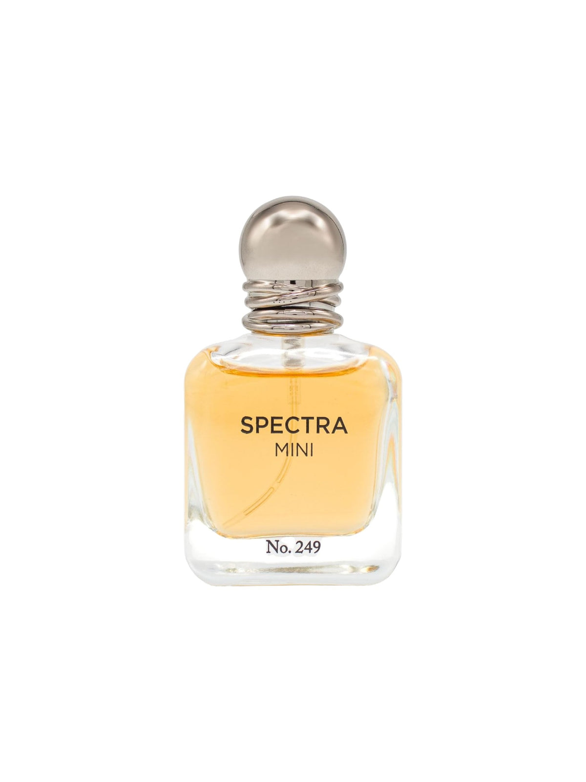 A small rectangular glass perfume bottle labeled SPECTRA MINI No. 249 filled with pale golden yellow liquid, topped with a metallic silver cap, centered on a plain white background. Spectra Mini, Monza Outlet, Monza Fashion, Shein Outlet