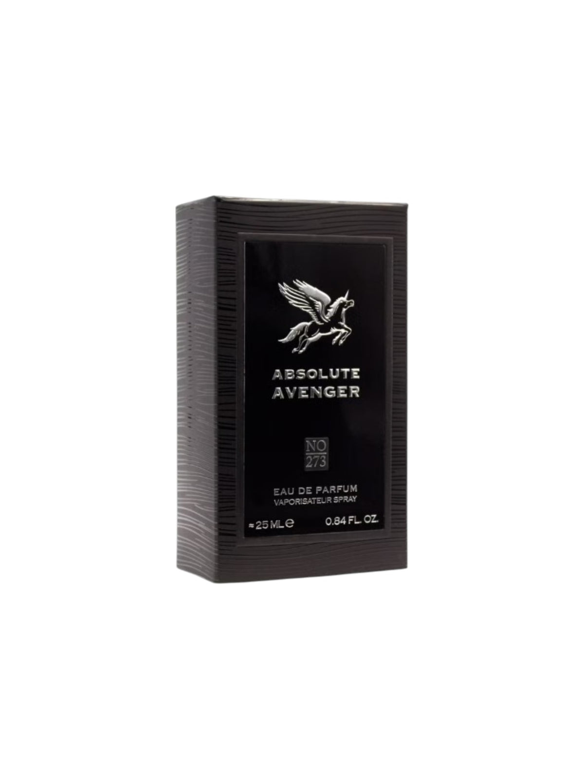 A rectangular black box for Absolute Avenger Eau de Parfum, featuring a silver eagle logo and white text, set against a plain white background. Spectra Mini, Monza Outlet, Monza Fashion, Shein Outlet