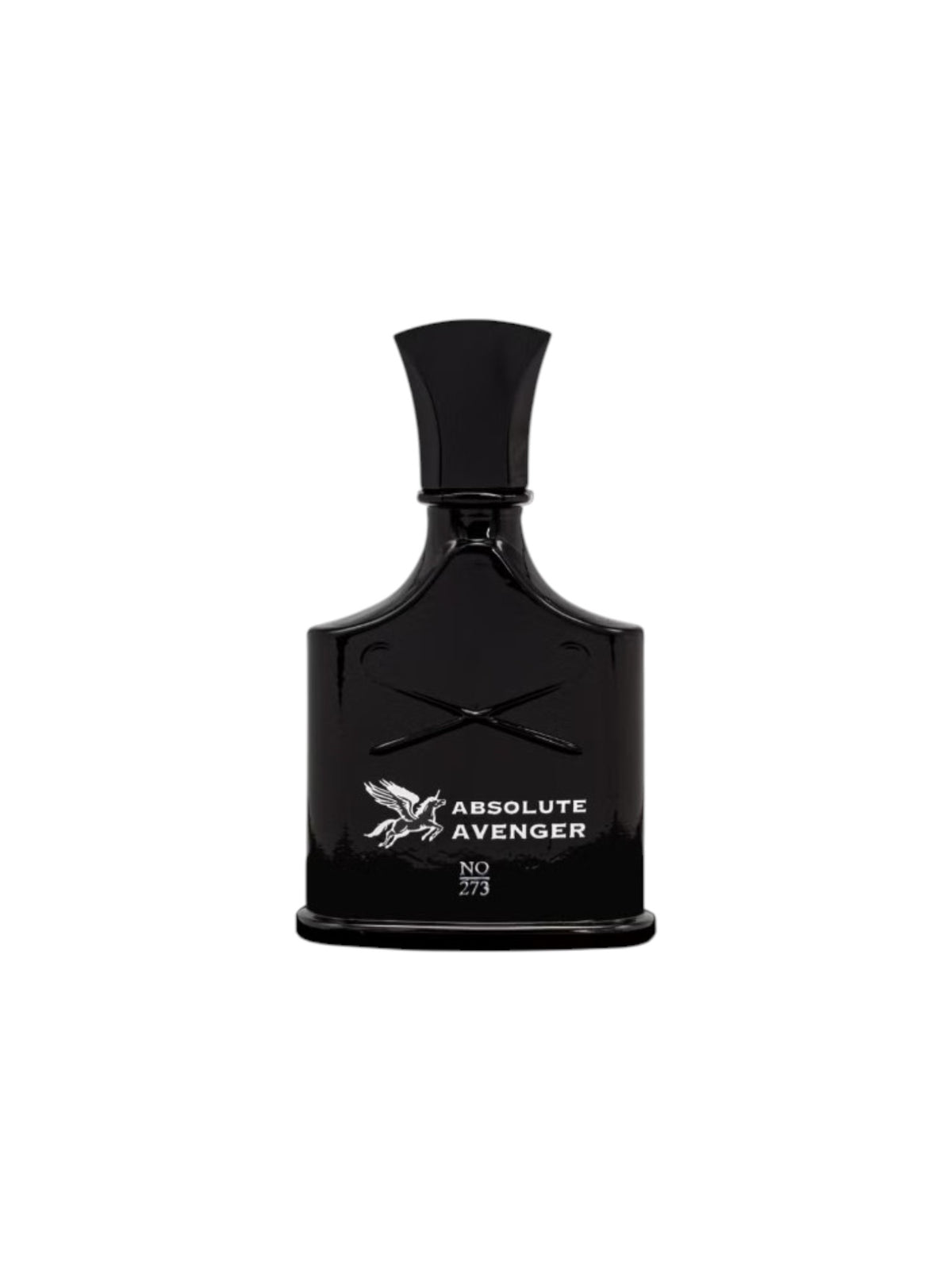 A black glass perfume bottle with a matching black cap, featuring the text ABSOLUTE AVENGER and a silver winged logo on the front, set against a plain white background. Spectra Mini, Monza Outlet, Monza Fashion, Shein Outlet