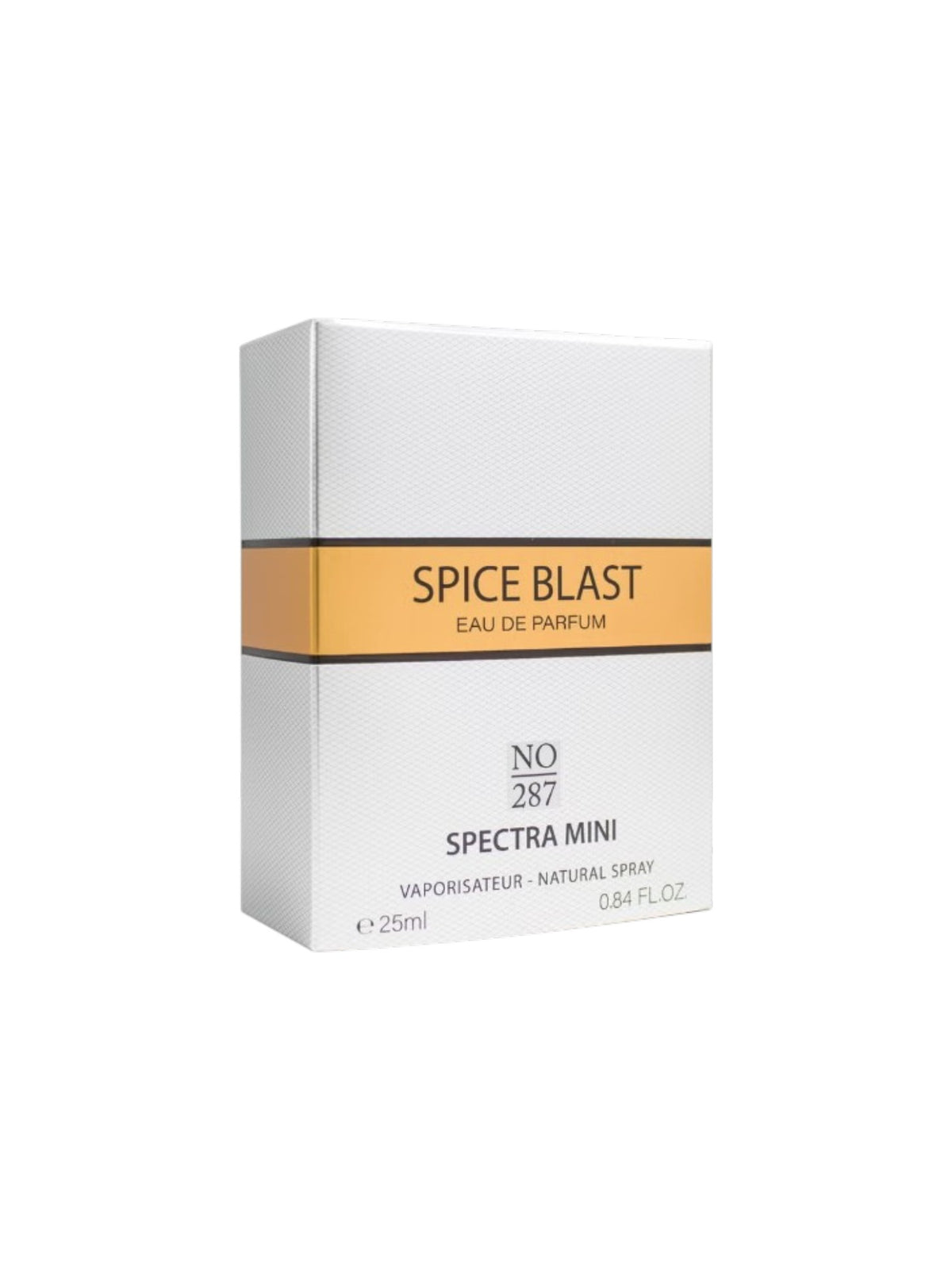 A 25ml box of Spice Blast Eau de Parfum by Spectra Mini, featuring a white textured box with a prominent orange band around the middle. Spectra Mini, Monza Outlet, Monza Fashion, Shein Outlet