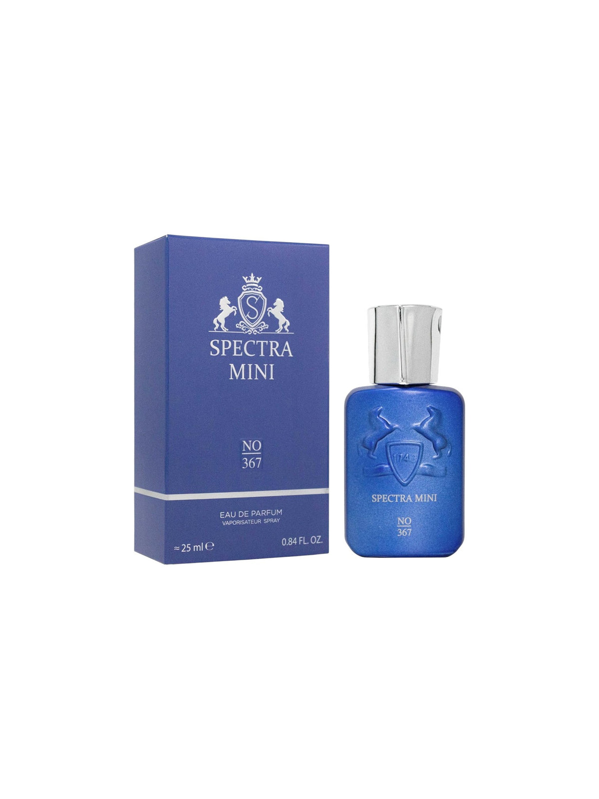 Spectra Mini No. 367 Eau de Parfum shown with its blue packaging box and matching blue bottle with a silver cap on a white background. Spectra Mini, Monza Outlet, Monza Fashion, Shein Outlet