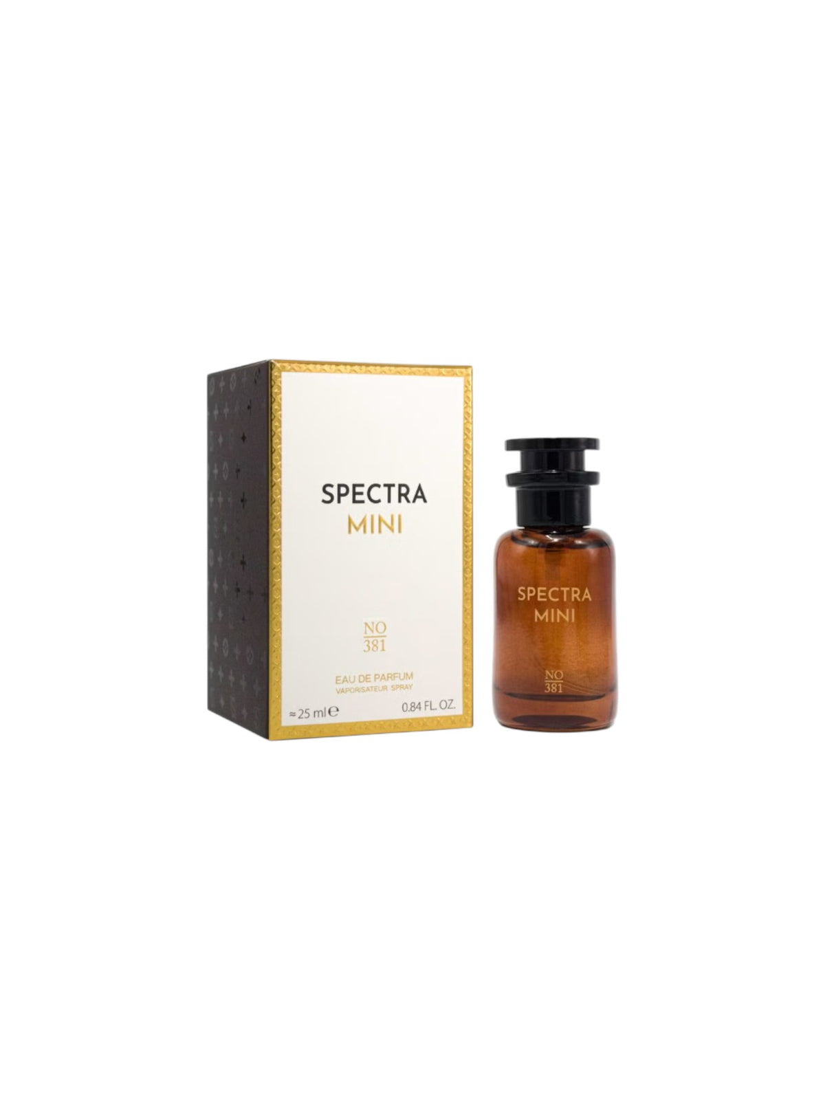 Spectra Mini eau de parfum by NO:1, shown with its amber glass bottle and matching white and gold packaging box against a plain white background. Spectra Mini, Monza Outlet, Monza Fashion, Shein Outlet