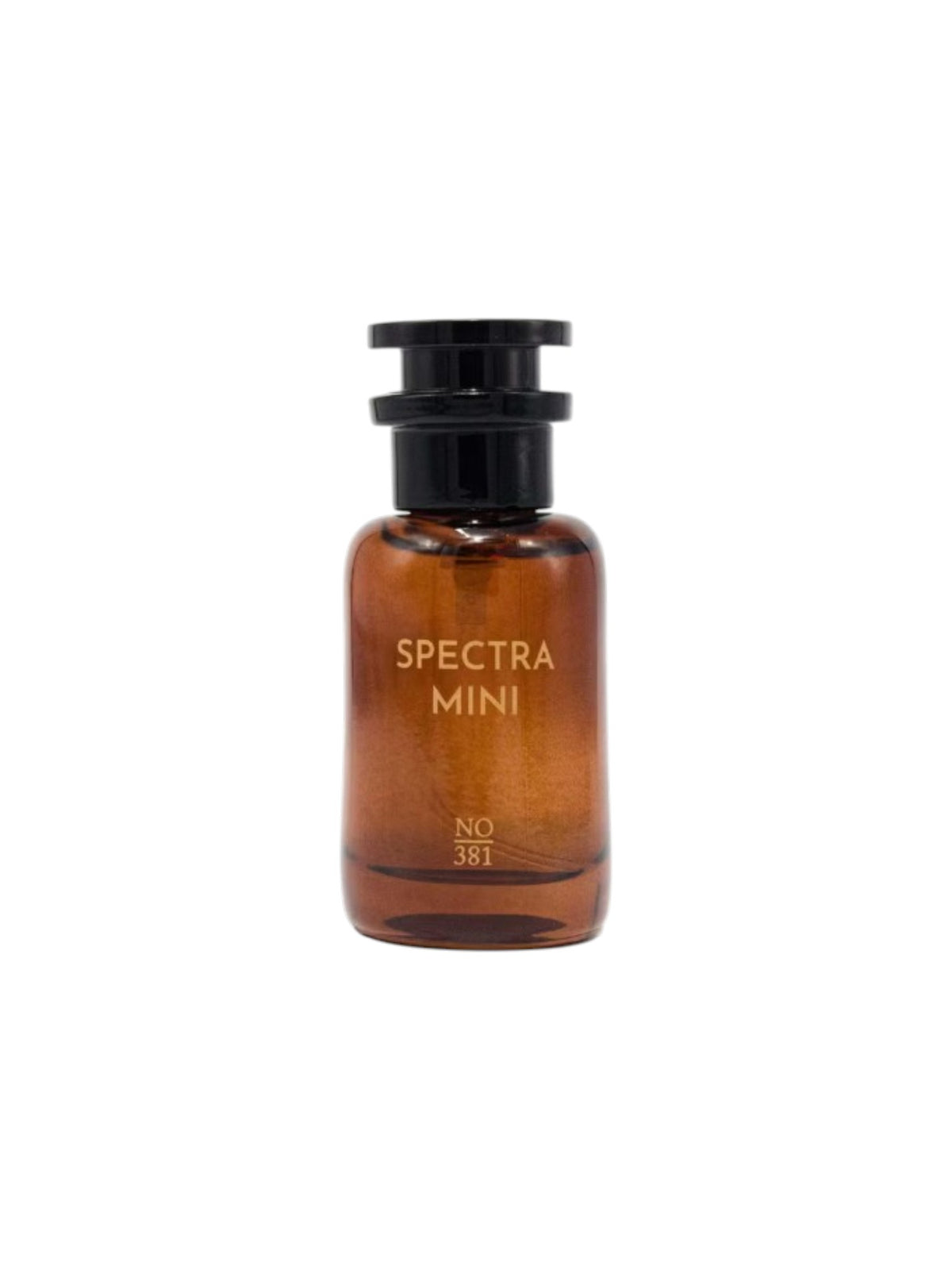 A small amber glass bottle with a black cap and gold lettering that reads SPECTRA MINI on a plain white background. Spectra Mini, Monza Outlet, Monza Fashion, Shein Outlet