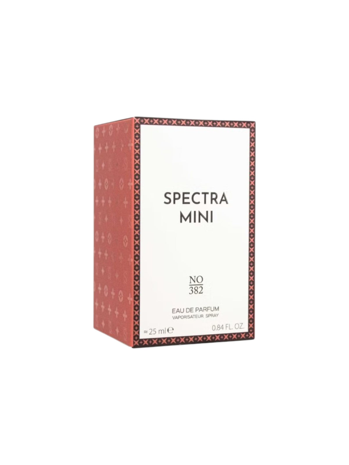 Spectra Mini No. 382 Eau de Parfum box, featuring a white front panel with black text and a red patterned border, set against a plain white background. Spectra Mini, Monza Outlet, Monza Fashion, Shein Outlet