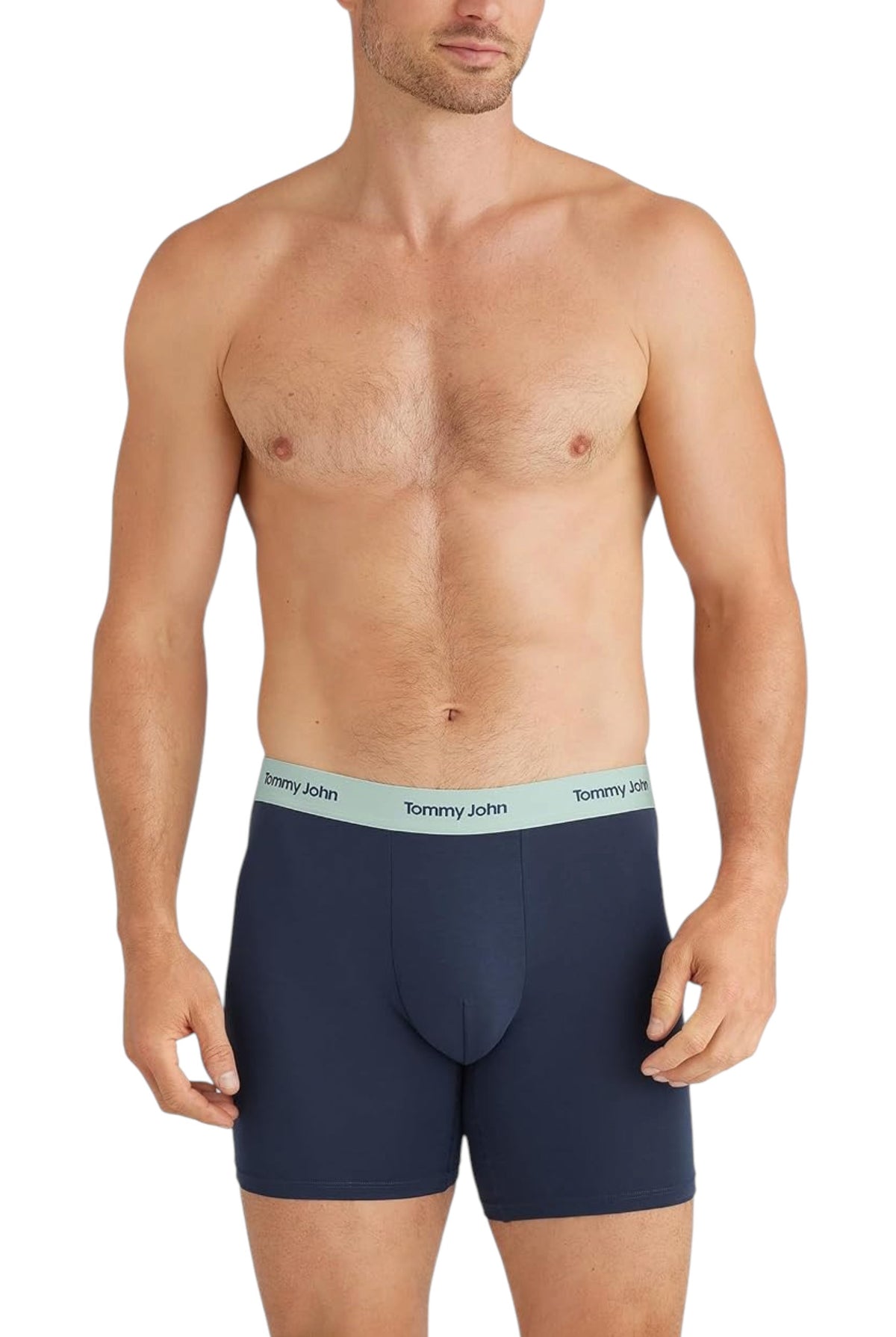 A male model wearing Tommy John boxer briefs, standing in a natural pose against a clean white background, with the underwear clearly visible. Tommy Hilfiger, Monza Outlet, Monza Fashion, Shein Outlet