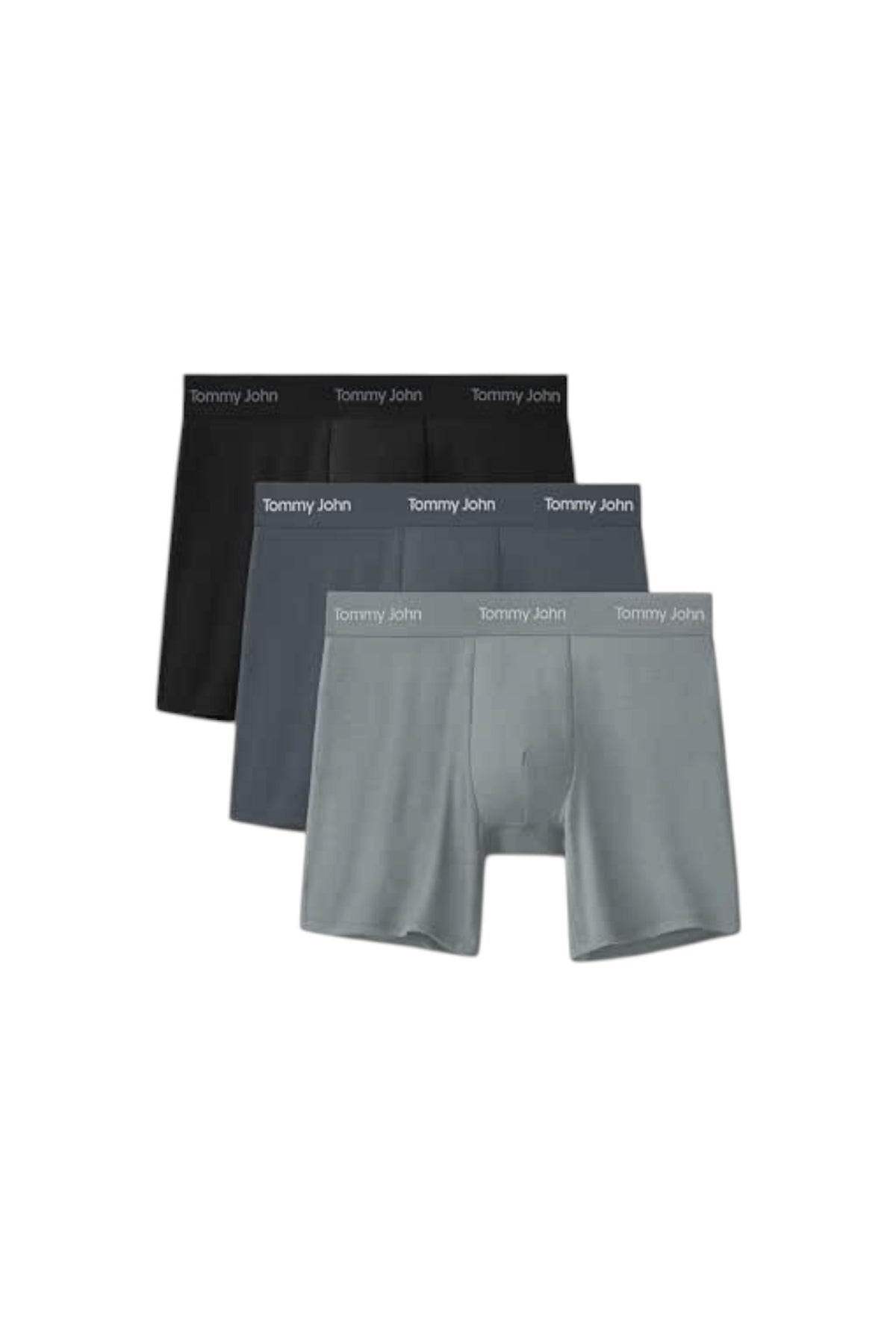 A 3-pack of Tommy John men's boxer briefs, arranged in an overlapping layered display on a white background. Tommy Hilfiger, Monza Outlet, Monza Fashion, Shein Outlet