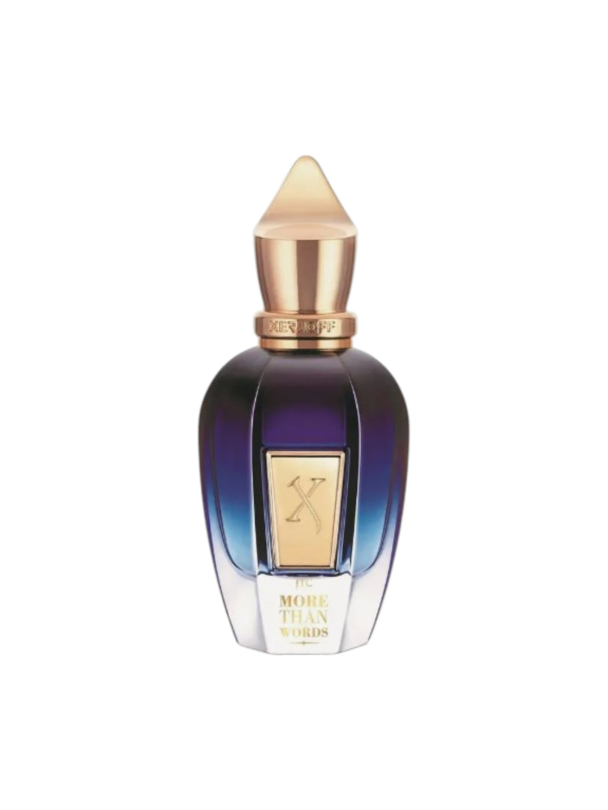 A bottle of Xerjoff The More Than Words Eau de Parfum, featuring a dark blue to purple gradient glass bottle with a metallic gold cap and a gold label on the front. Xerjoff, Monza Outlet, Monza Fashion, Shein Outlet